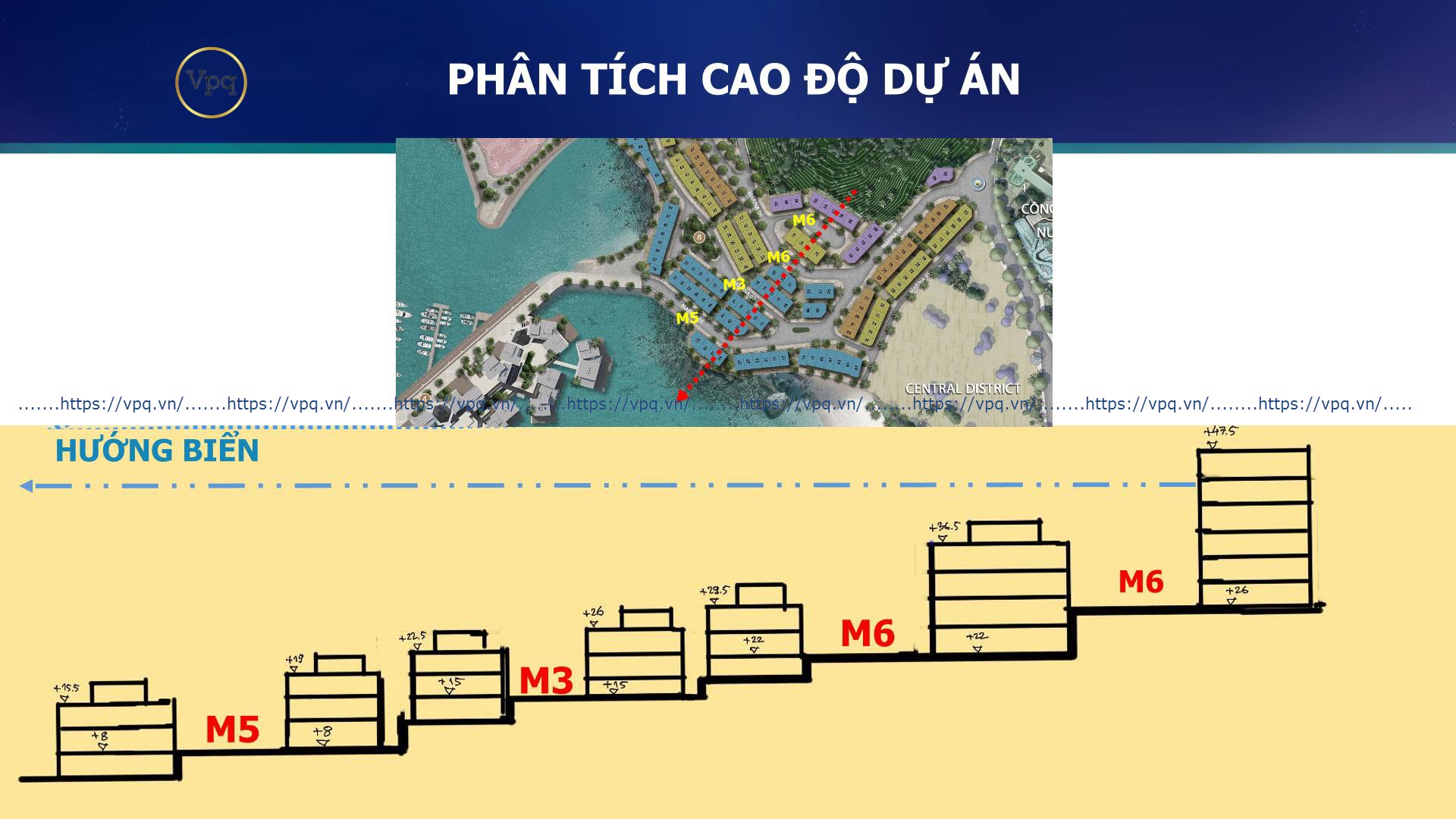 Cao độ địa hình của phân khu Shophouse Santorini view vịnh du thuyền, bãi Nam