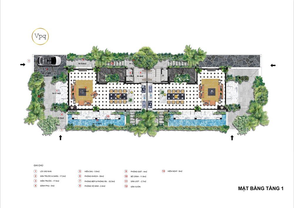 Layout tầng 1 biệt thự song lập V716