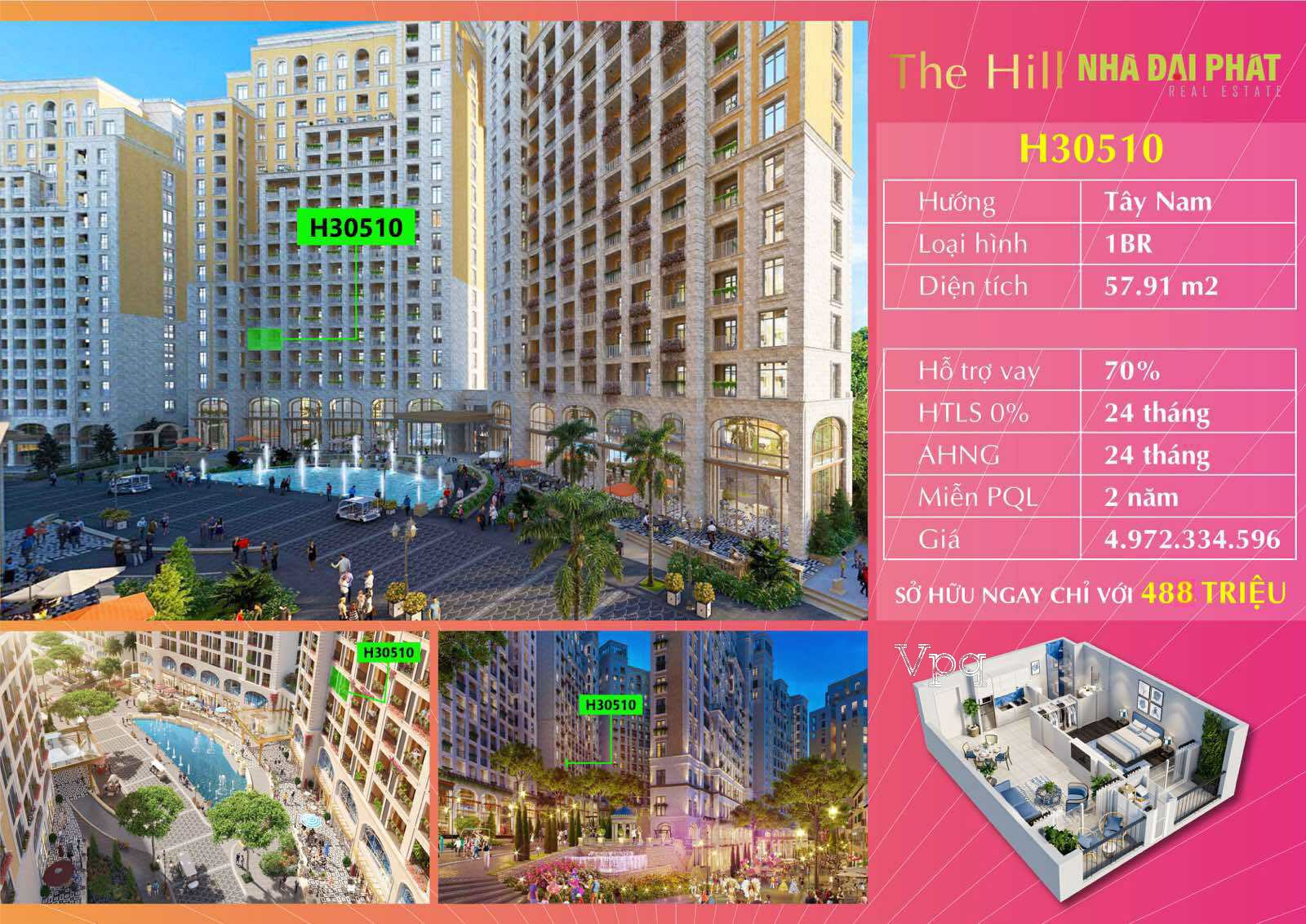 Căn hộ Hillside H30510 phân khu The Hill
