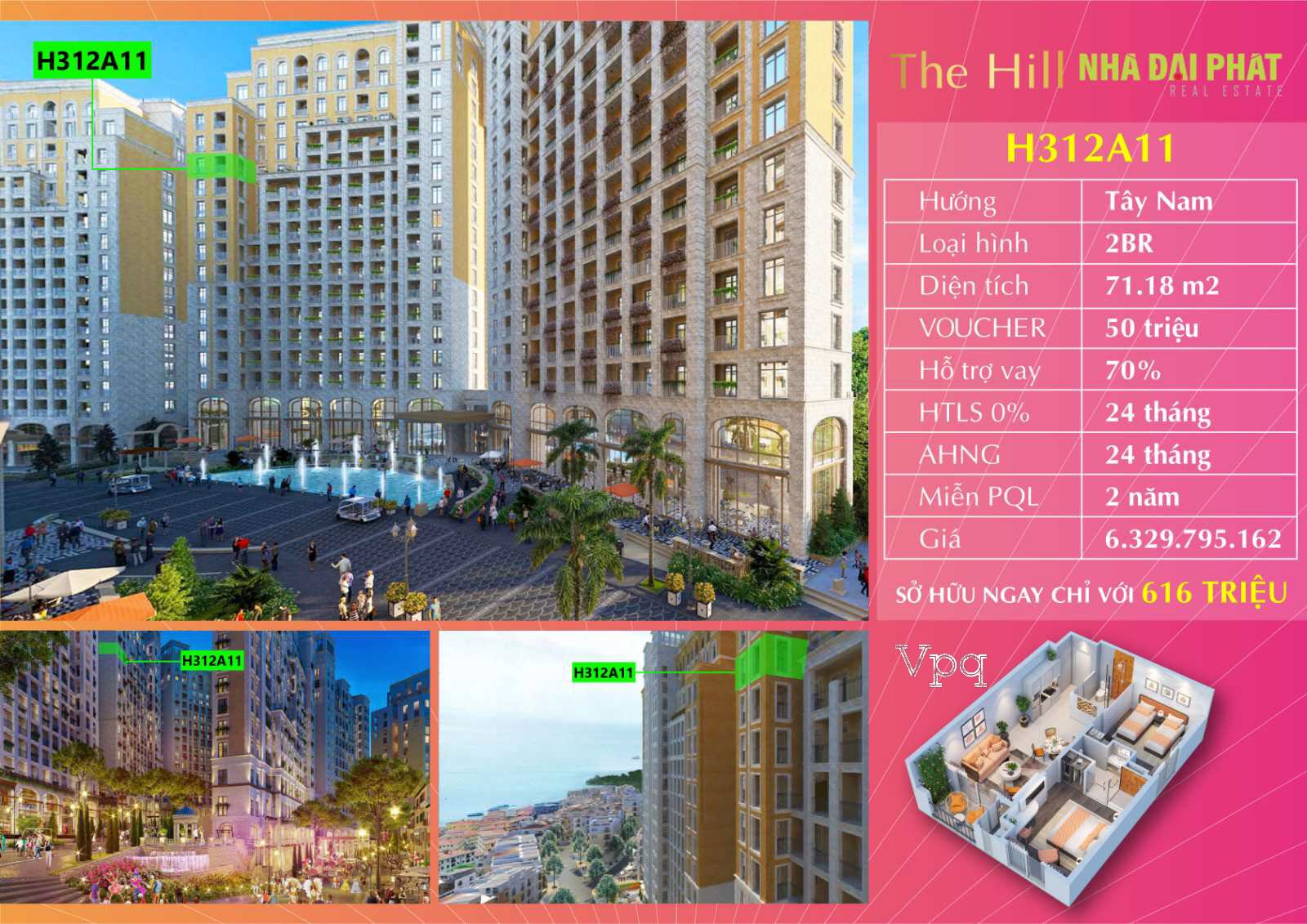 Căn hộ Hillside H312A11 phân khu The Hill