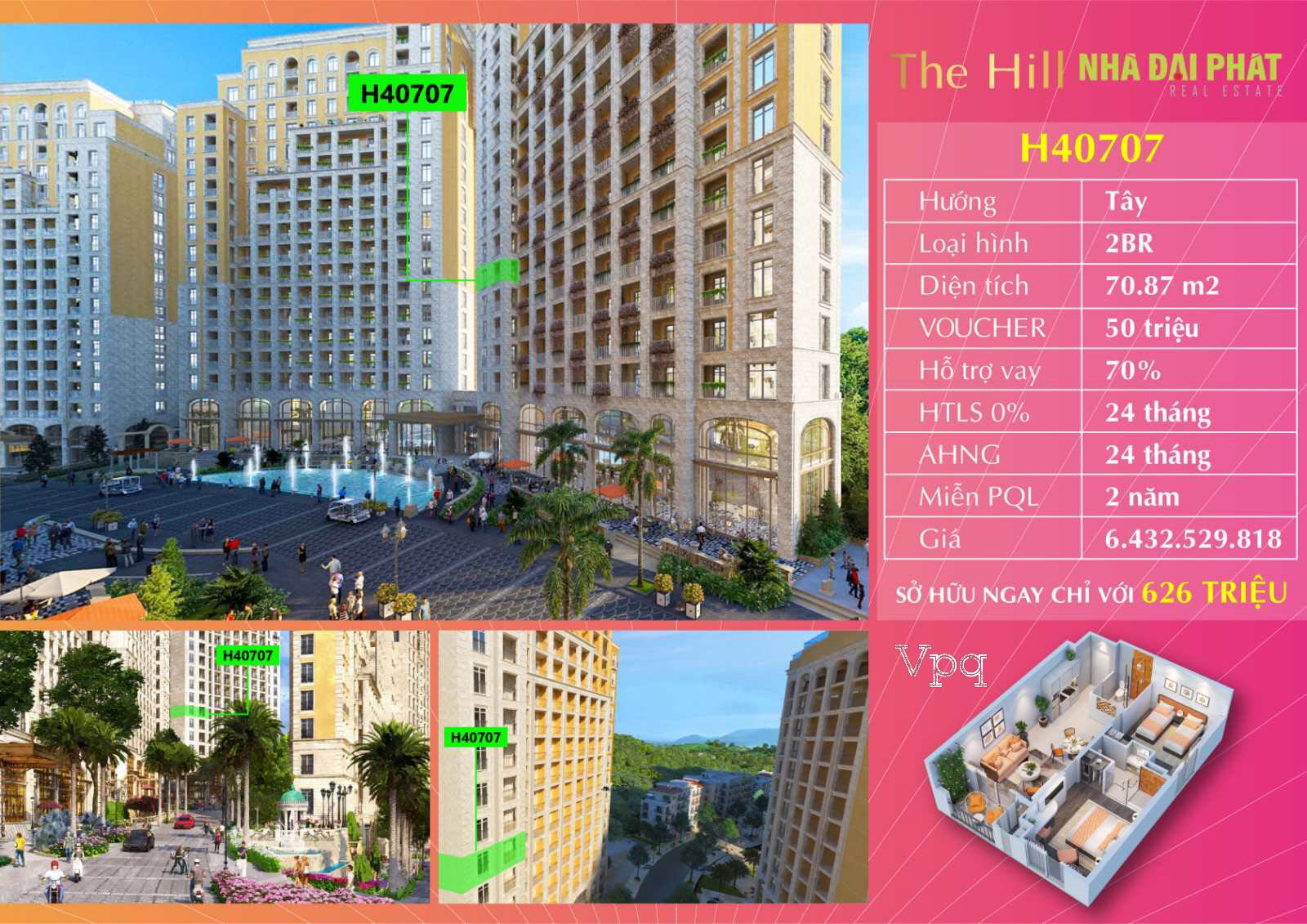 Căn hộ Hillside H40707 phân khu The Hill