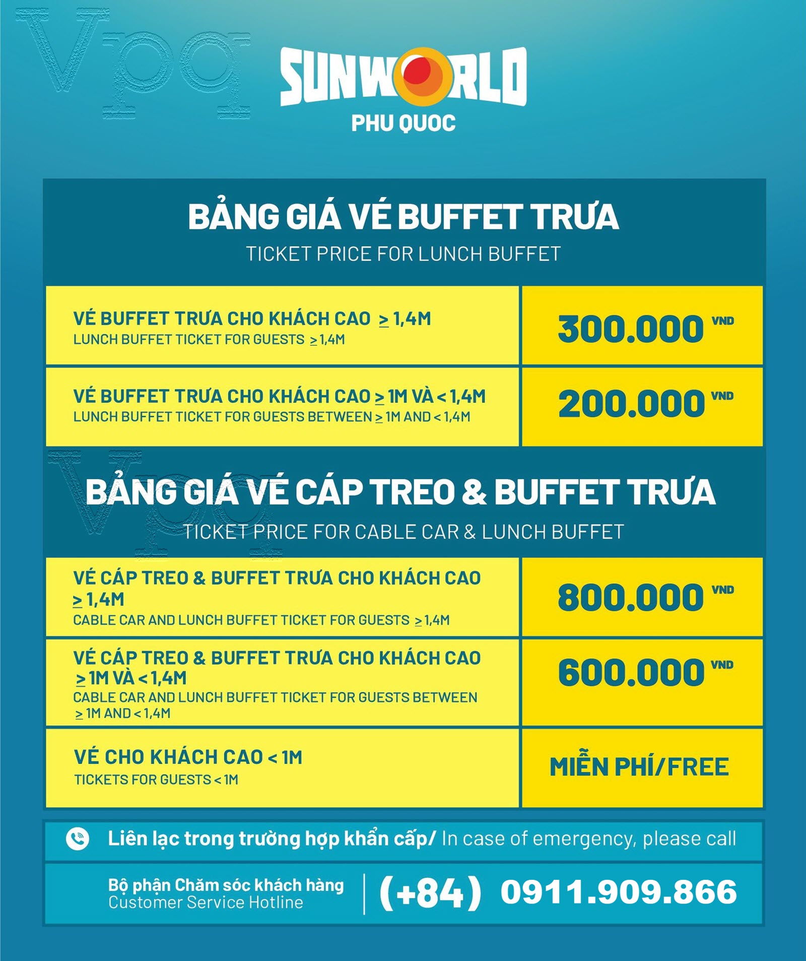 Bảng giá vé Cáp treo + buffet Sun World Hon Thom