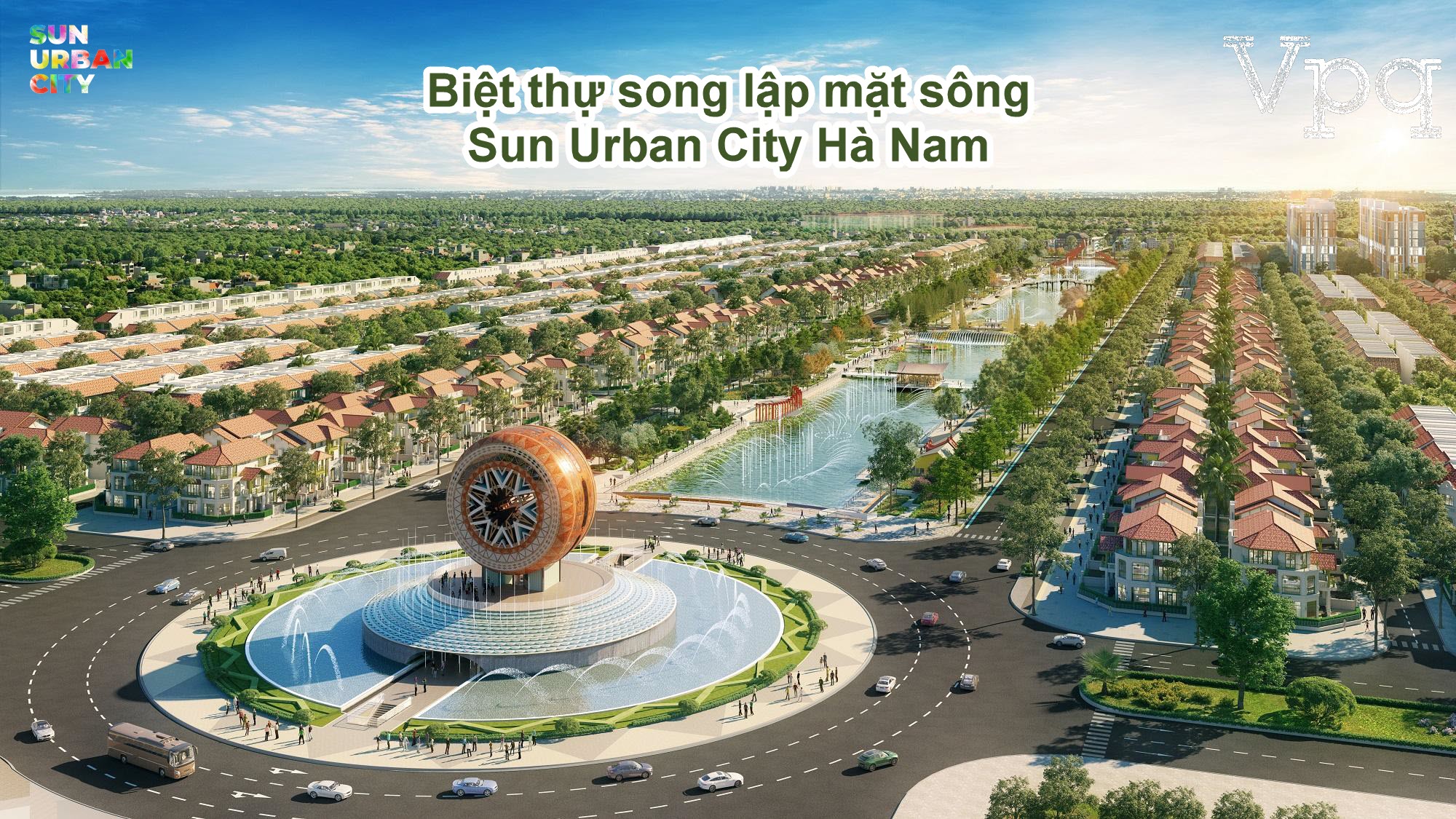 Những căn biệt thự nằm hai bên mặt sông cảnh quan trục công viên lễ hội thu hút du khách và cư dân