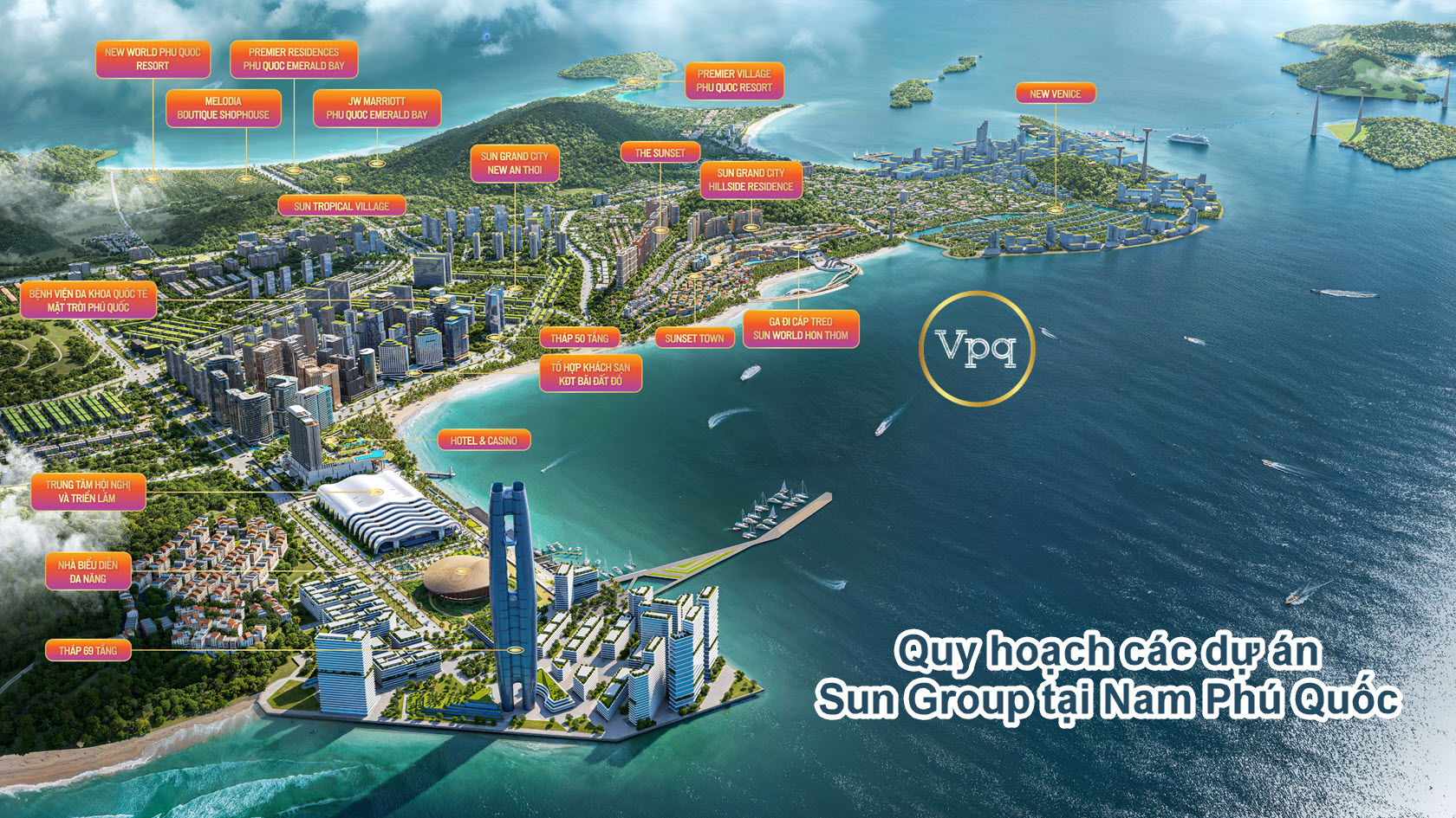 Phối cảnh tổng thể c&aacute;c dự &aacute;n Sun Group đ&atilde;, đang v&agrave; sẽ triển khai tại Nam đảo Ph&uacute; Quốc