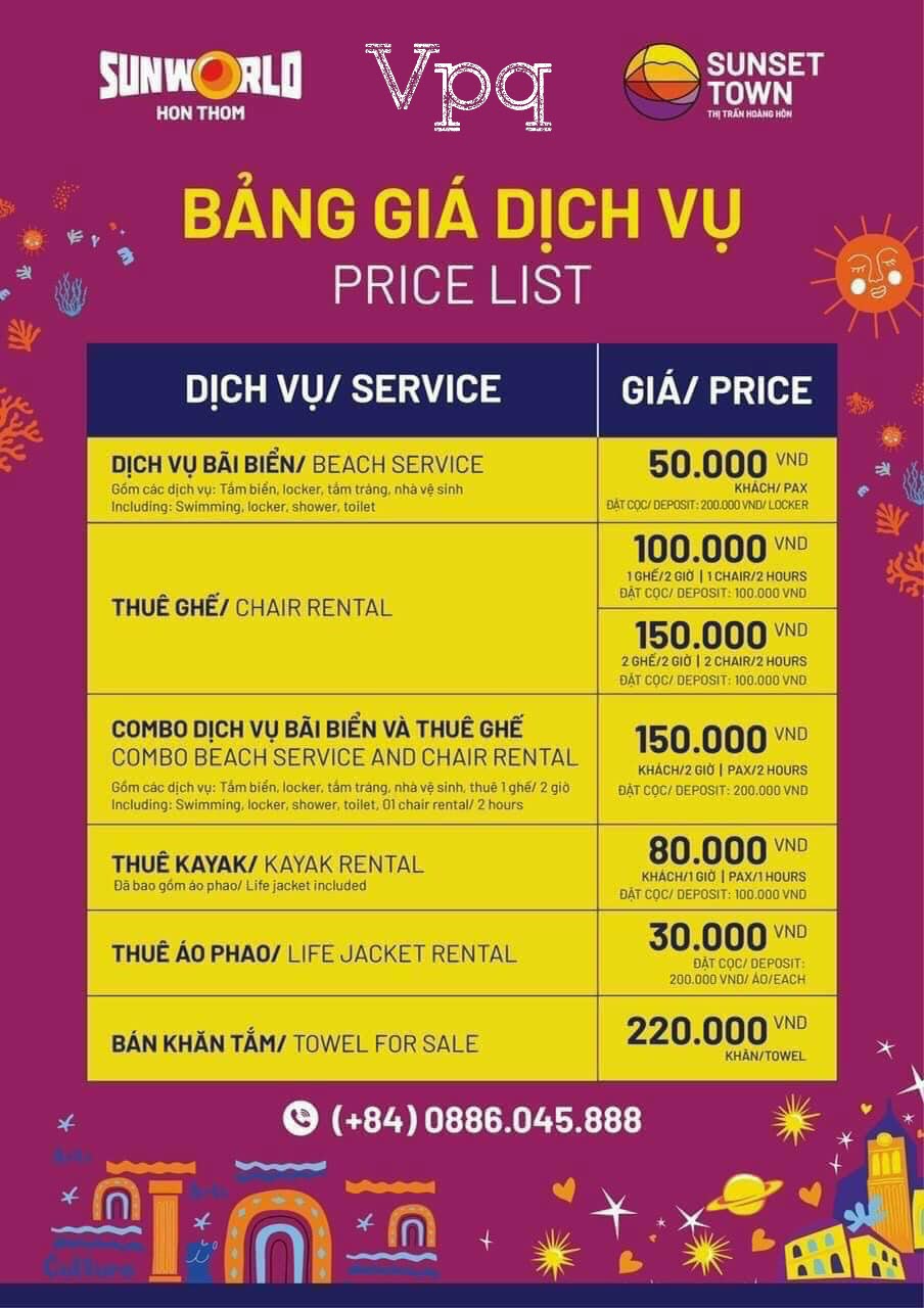 Bảng giá dịch vụ bãi biển Sunset Town