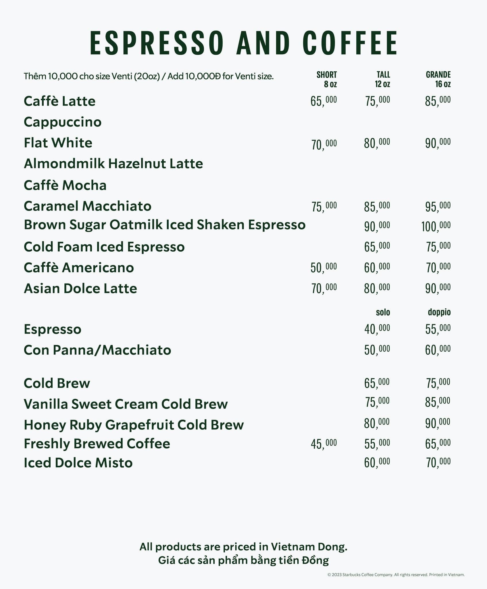 Menu Cold Brew và Espresso & Coffee Starbucks Phu Quoc