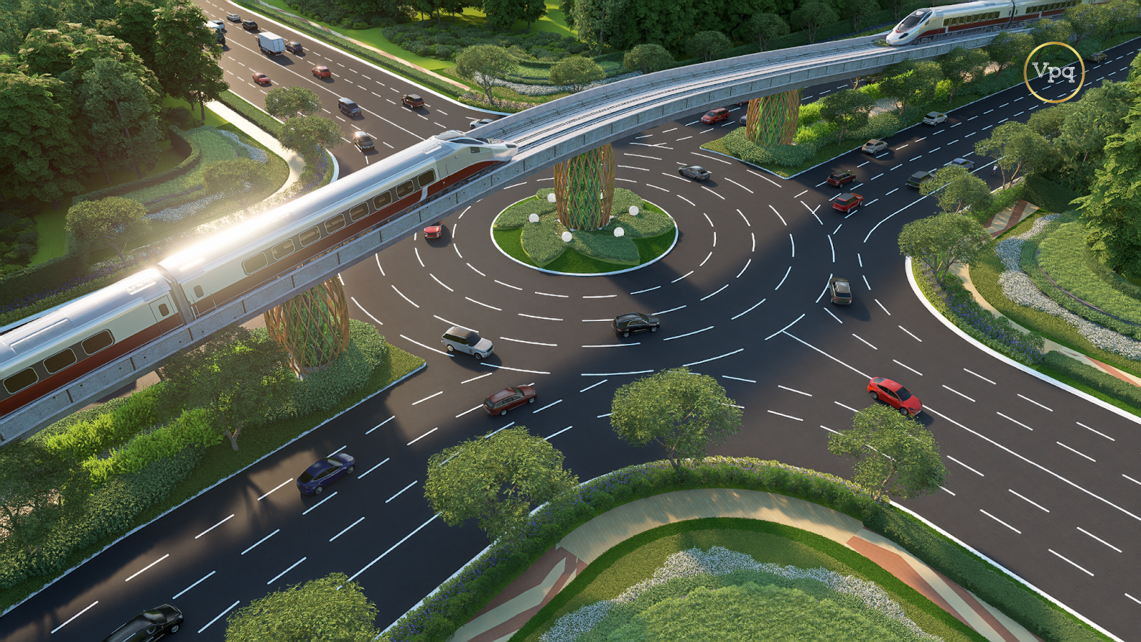 Phối cảnh tuyến tàu điện LRT trên cao đi qua nút giao vòng xuyến