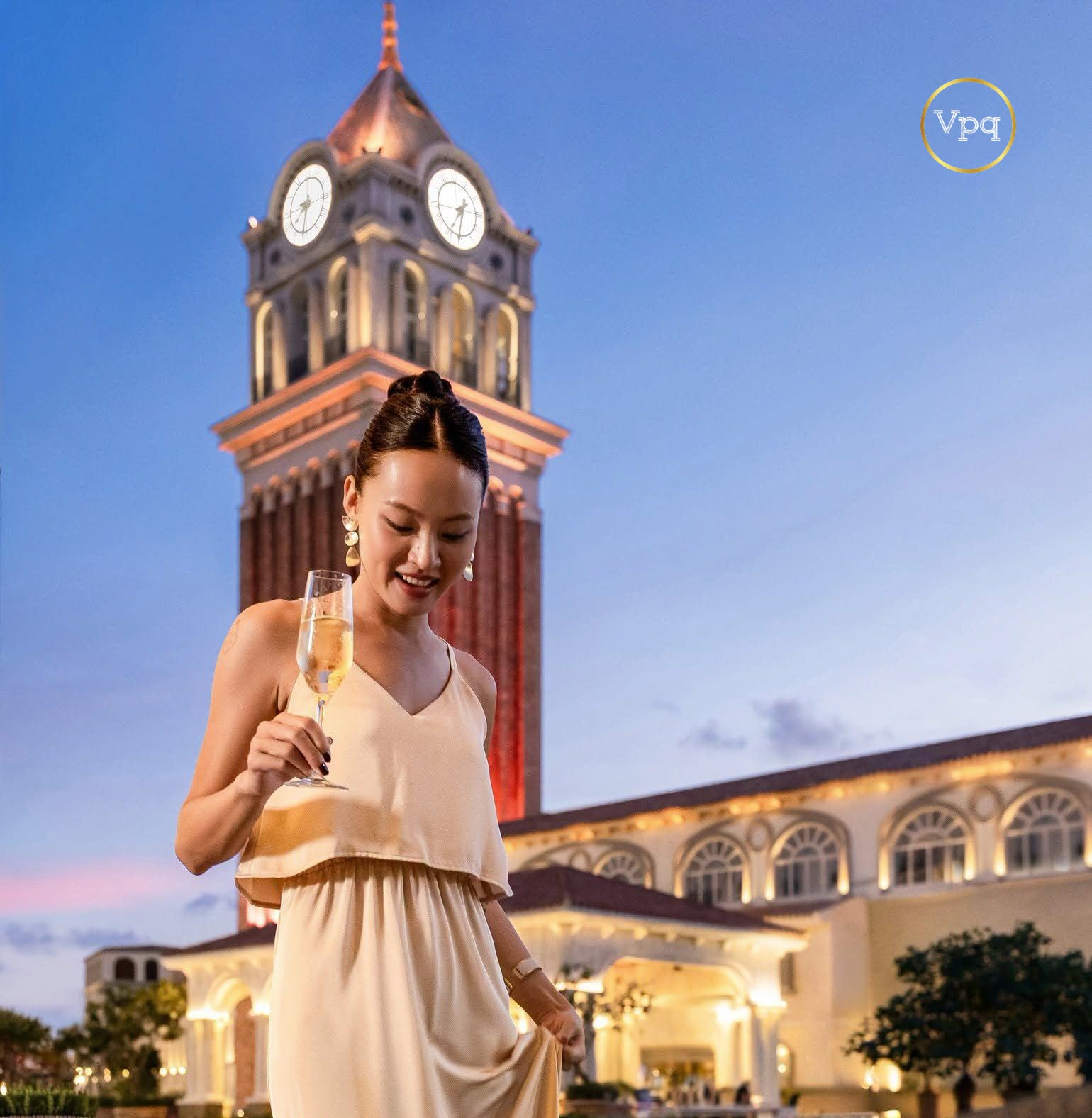Tháp đồng hồ thay đổi màu khi hoàng hôn dần buông xuống tại Thị trấn Hoàng Hôn