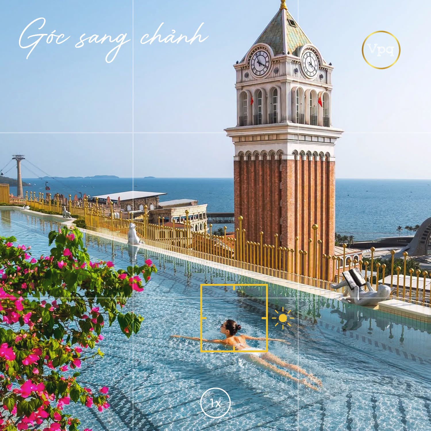 Tháp đồng hồ Phú Quốc khi được check-in tại đài phun nước King of the Sun nằm trước khách sạn La Festa