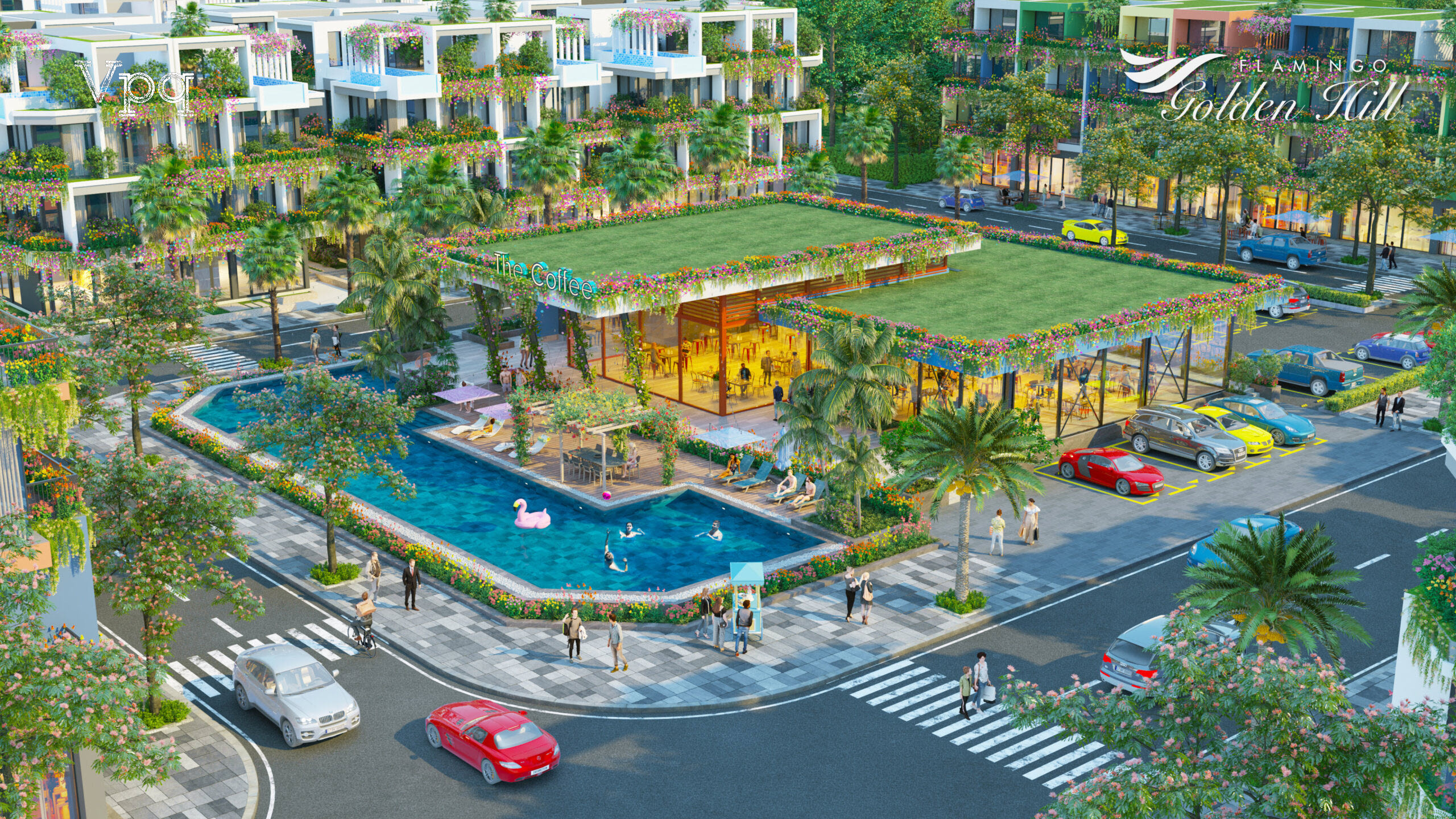 Tiện &iacute;ch hồ bơi, cafe tại trung t&acirc;m khu đ&ocirc; thị Flamingo Golden Hill