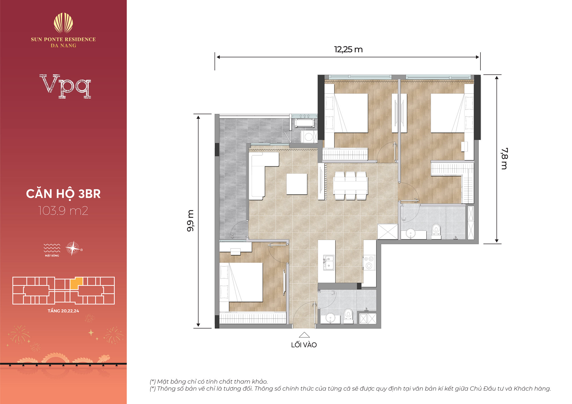 Căn hộ 3 ph&ograve;ng ngủ 103,9m2 Sun Ponte Residence Da Nang