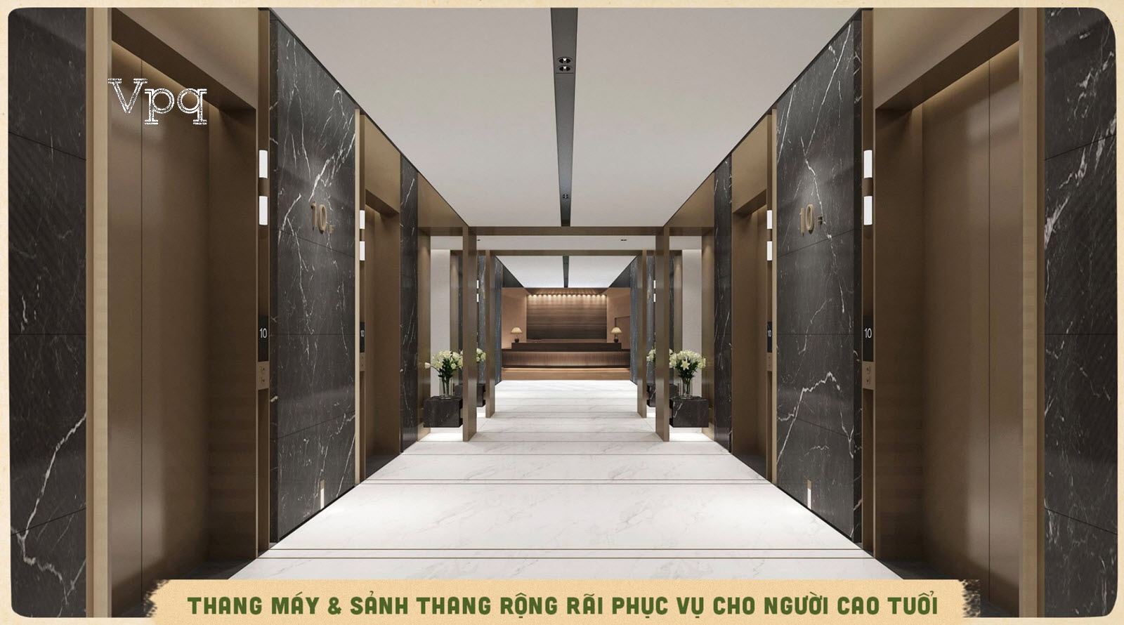 Thang máy và sảnh căn hộ Meraki Residences rộng dãi phục vụ cho người cao tuổi