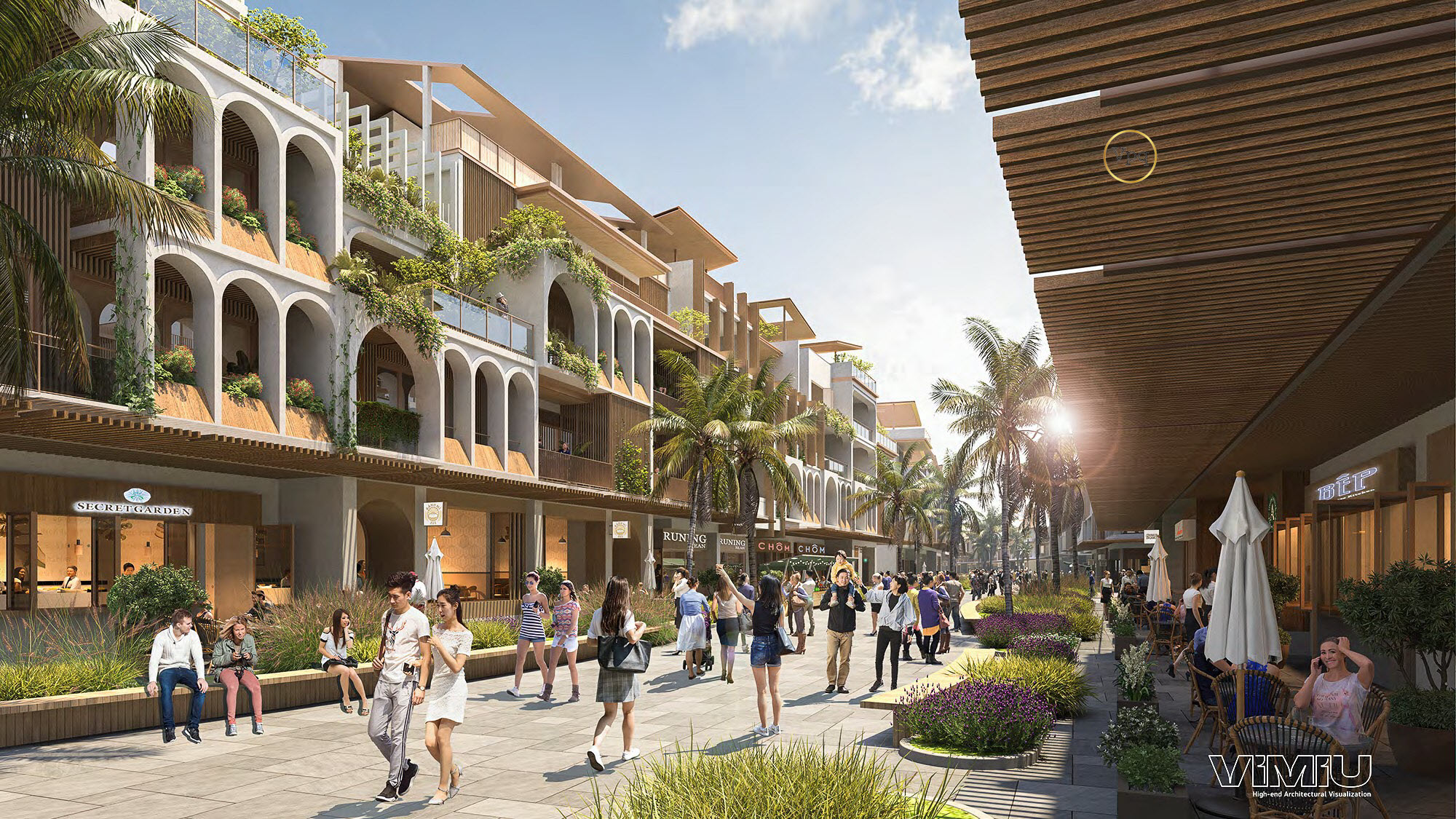 Phối cảnh những căn shophouse Paradise Walk Hòn Thơm - Sun Festival Avenue