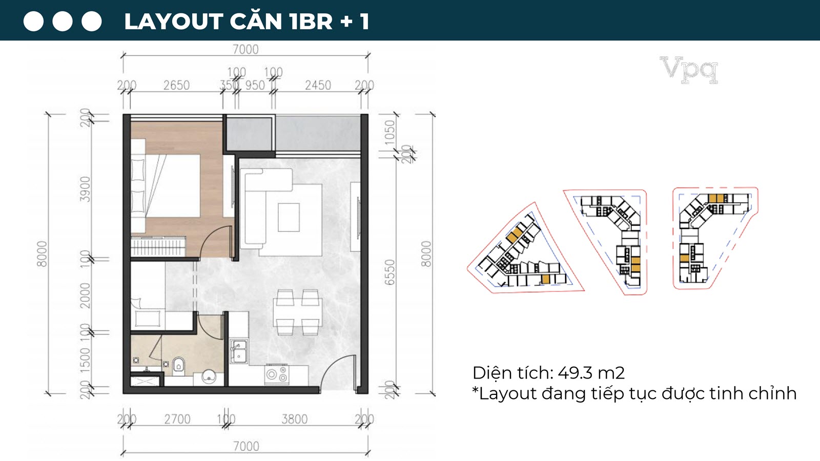 Layout căn hộ 1 phòng ngủ Sun Riva Vista
