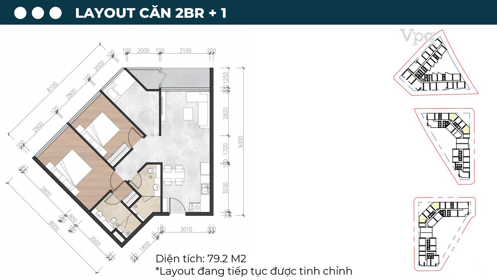 Layout căn hộ 2 phòng ngủ + 1 Sun Riva Vista
