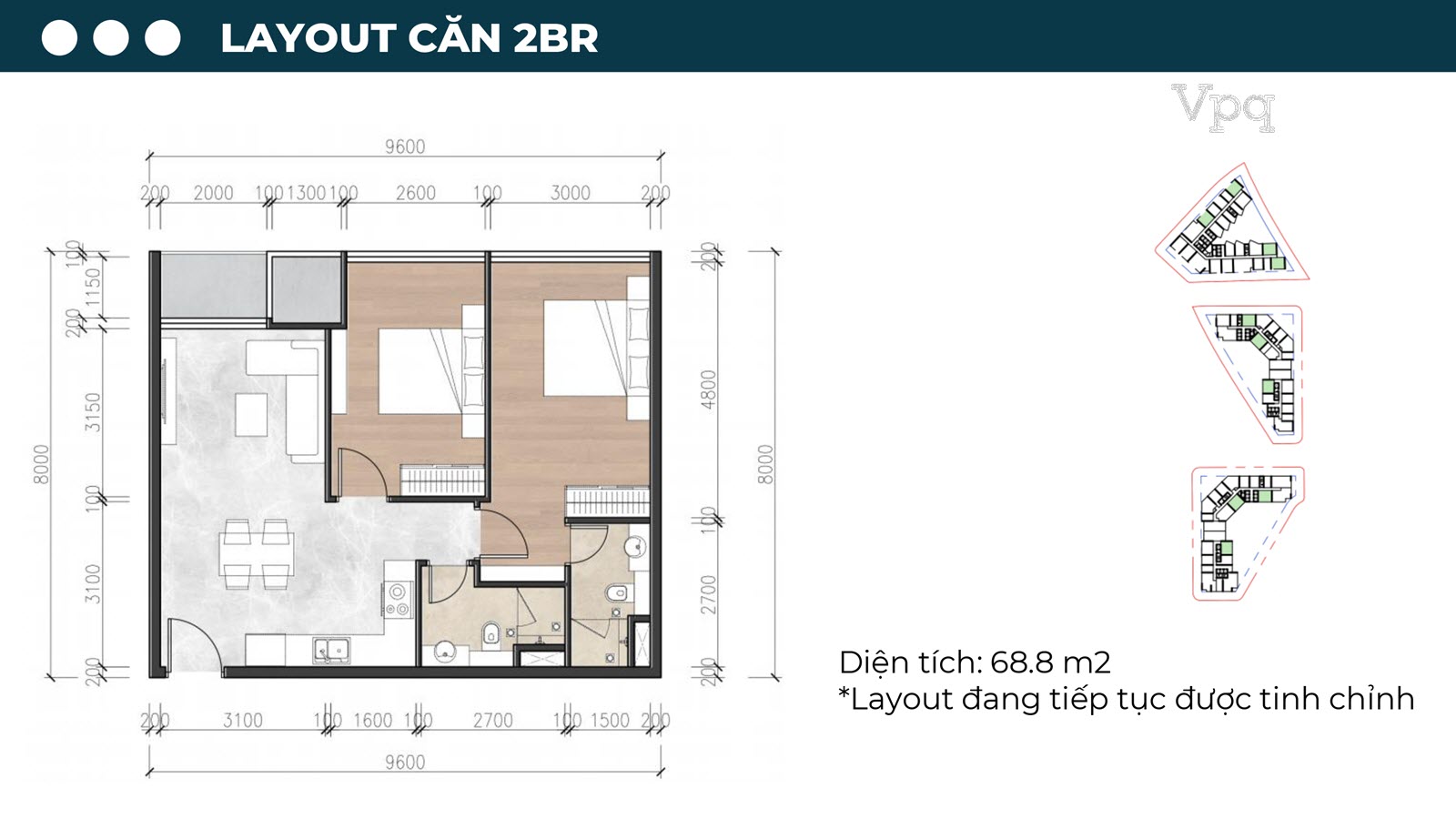 Layout căn hộ 2 phòng ngủ Sun Riva Vista