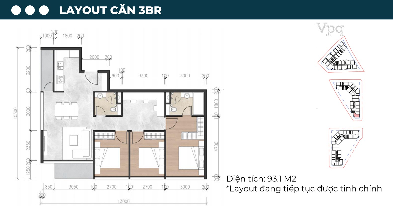 Layout căn hộ 3 phòng ngủ Sun Riva Vista