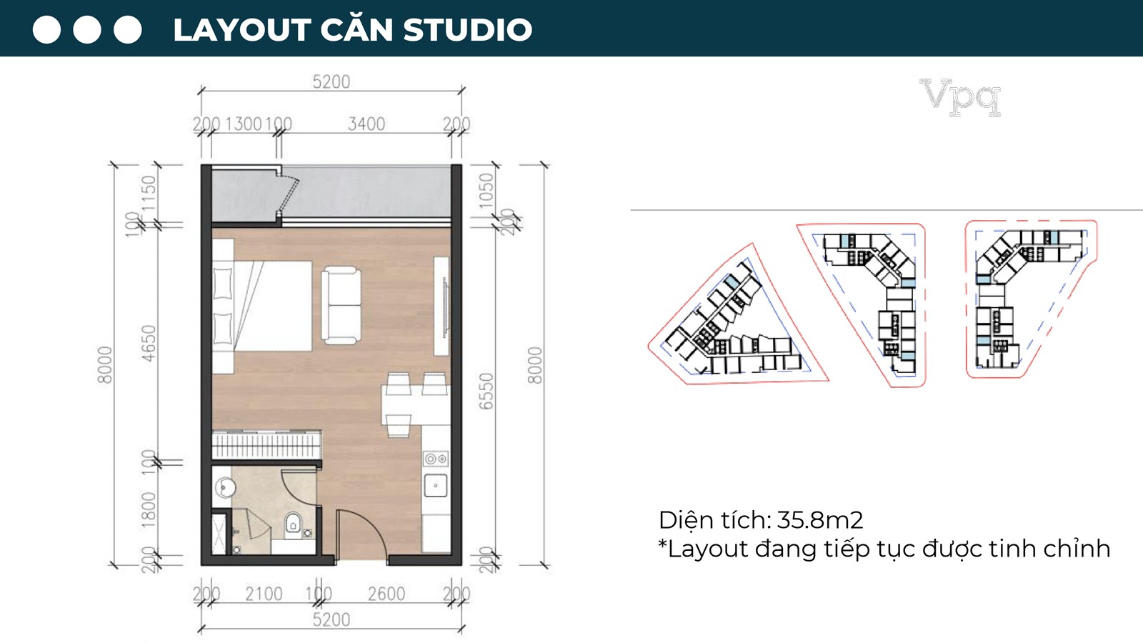Layout căn hộ studio Sun Riva Vista