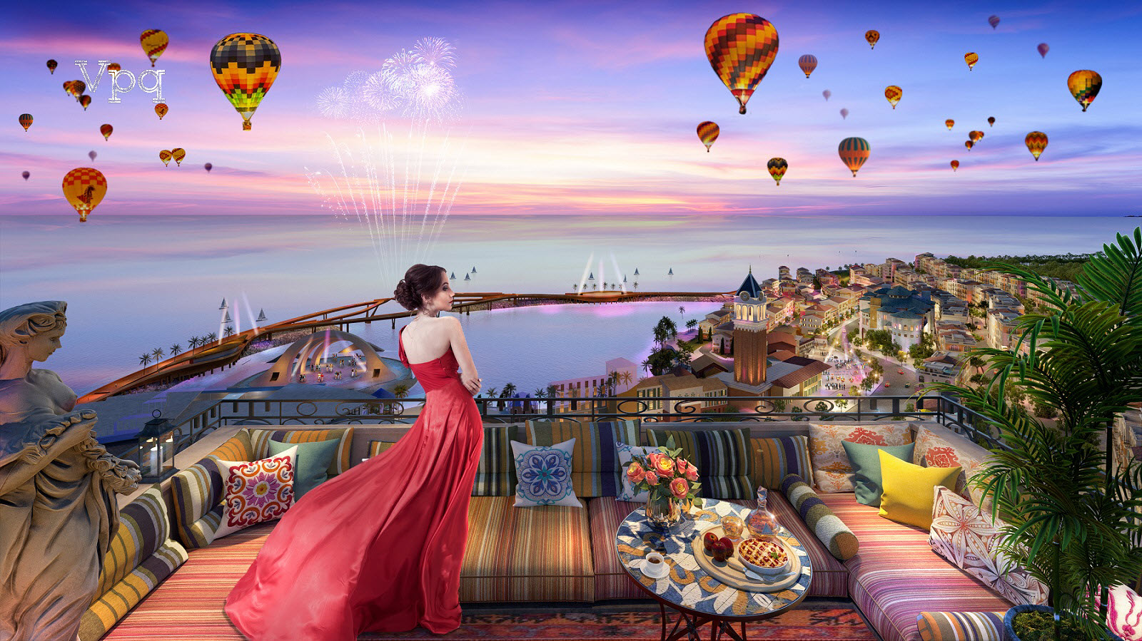 View từ căn hộ Hillside thu trọn cảnh quan v&agrave; c&ocirc;ng tr&igrave;nh biểu tượng Sunset Town