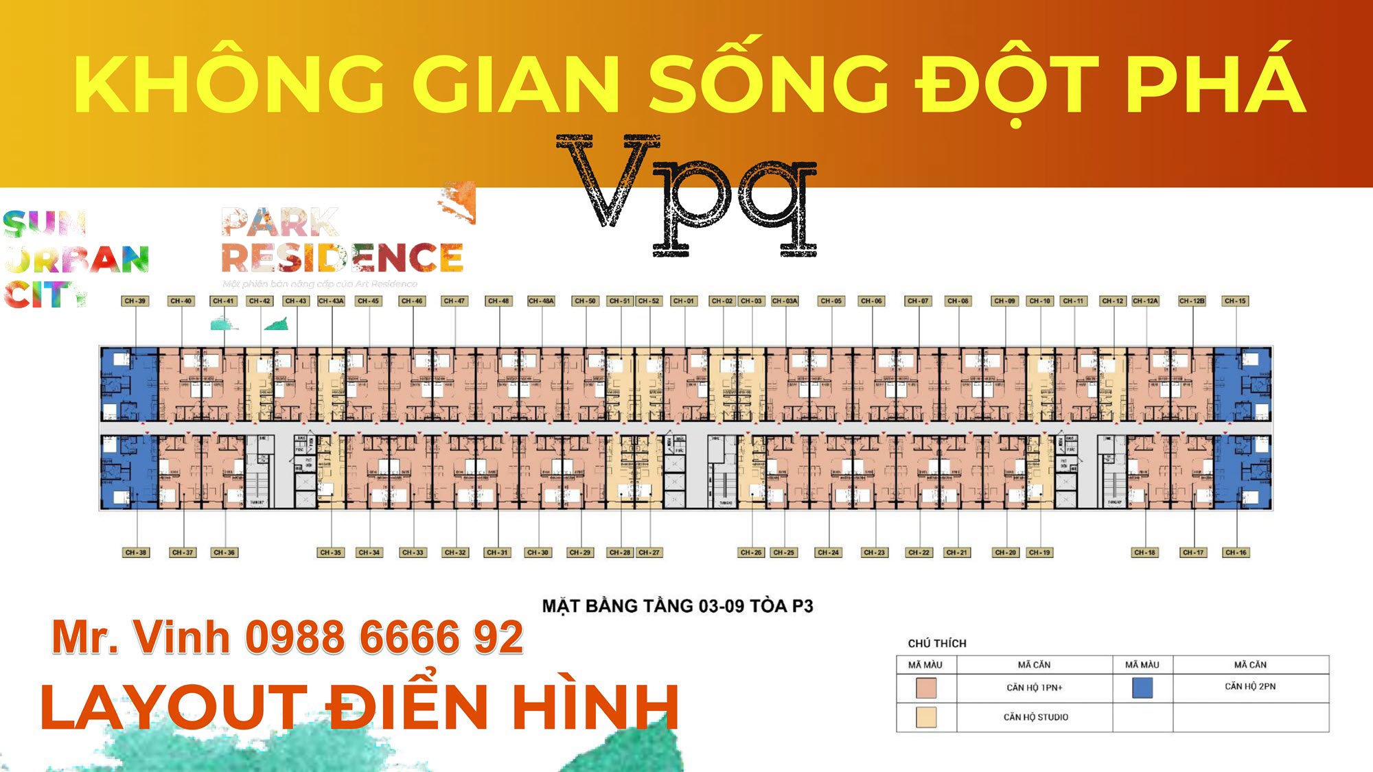 Layout điển h&igrave;nh căn hộ Park Residence từ tầng 3-9 t&ograve;a P3