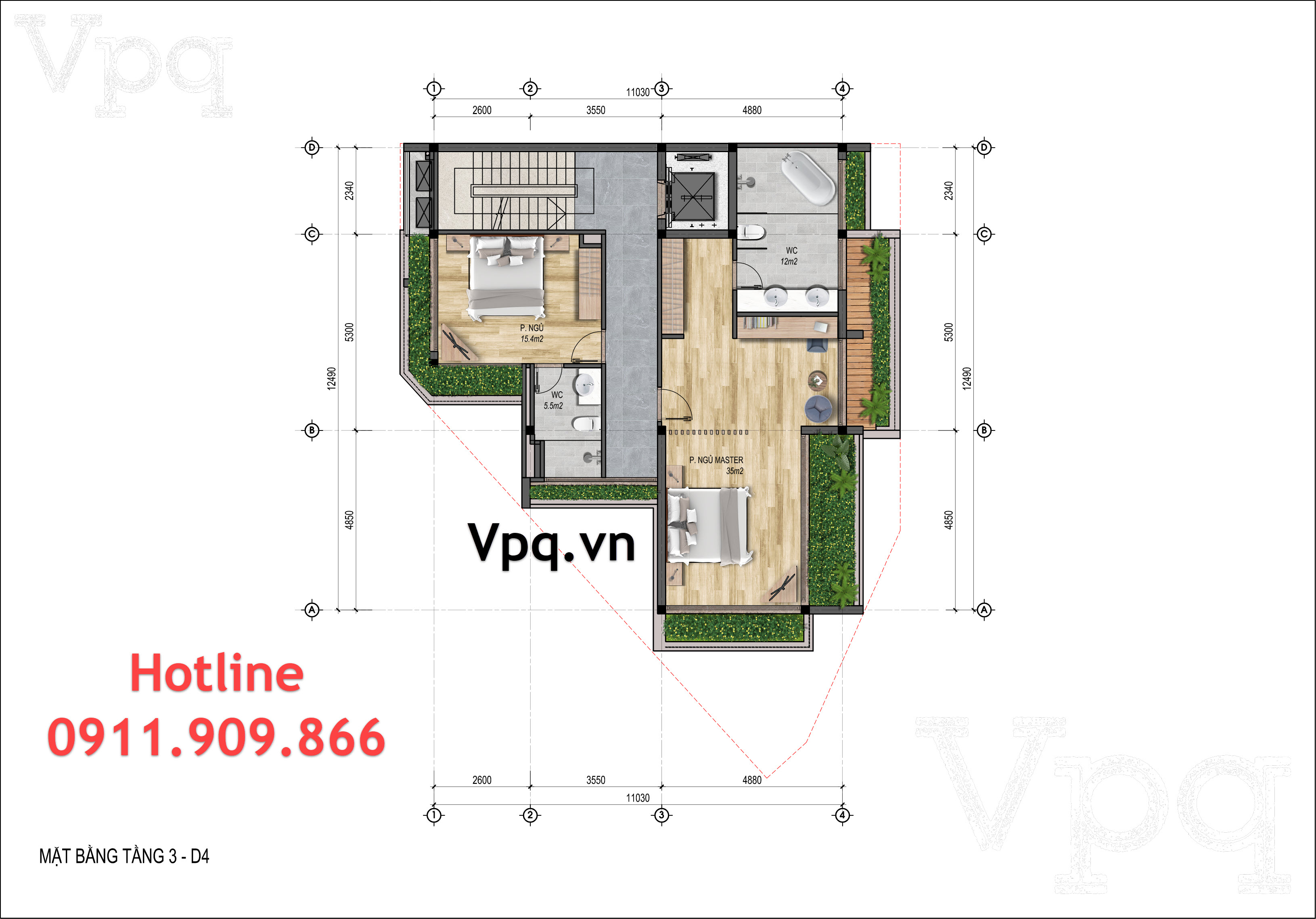 Thiết kế tầng 3 biệt thự Flamingo Golden Hill - Mẫu D4