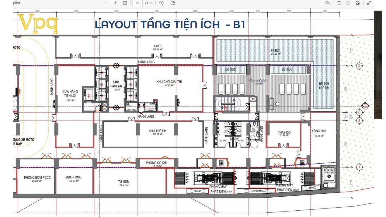 Layout tiện ích tầng B1 tòa ông Thạch