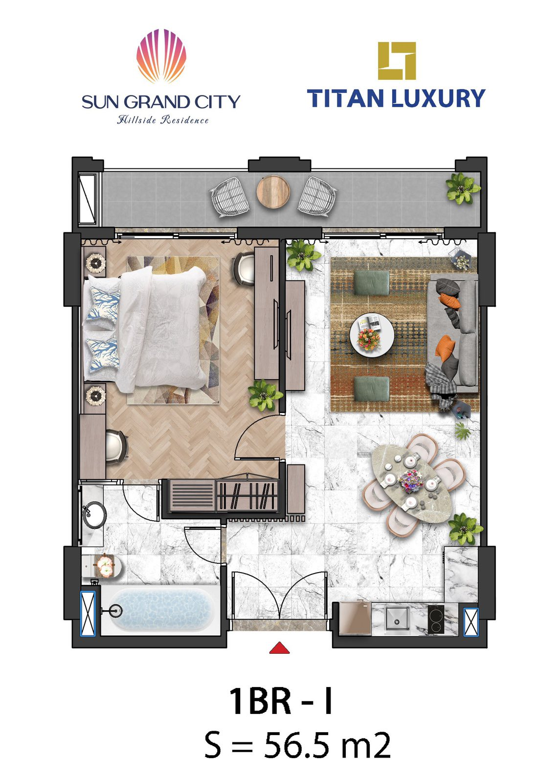 Layout căn hộ 1 phòng ngủ Hillside