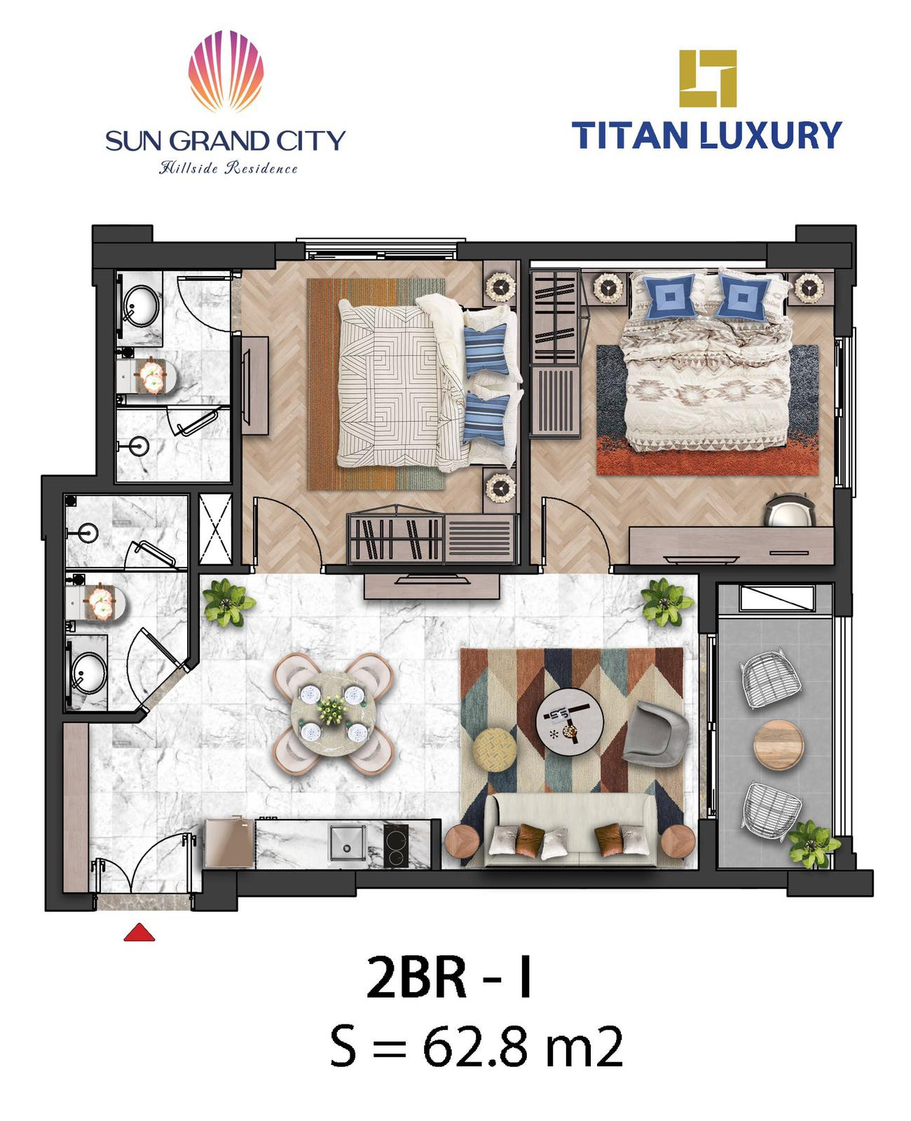 Layout căn hộ 2 phòng ngủ - Sun Grand City Hillside Residence