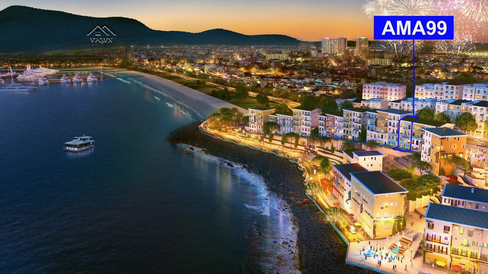 AMA99 view trực diện Cầu hôn và đô thị bãi đất đỏ rực rỡ về đêm