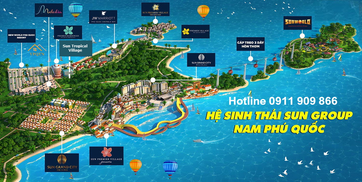 Sun Tropical Village nằm trong Hệ sinh thái Sun Group tại Nam Phú Quốc