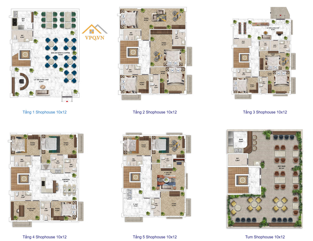 Layout điển hình mặt tiền 10m của Shophouse Địa Trung Hải