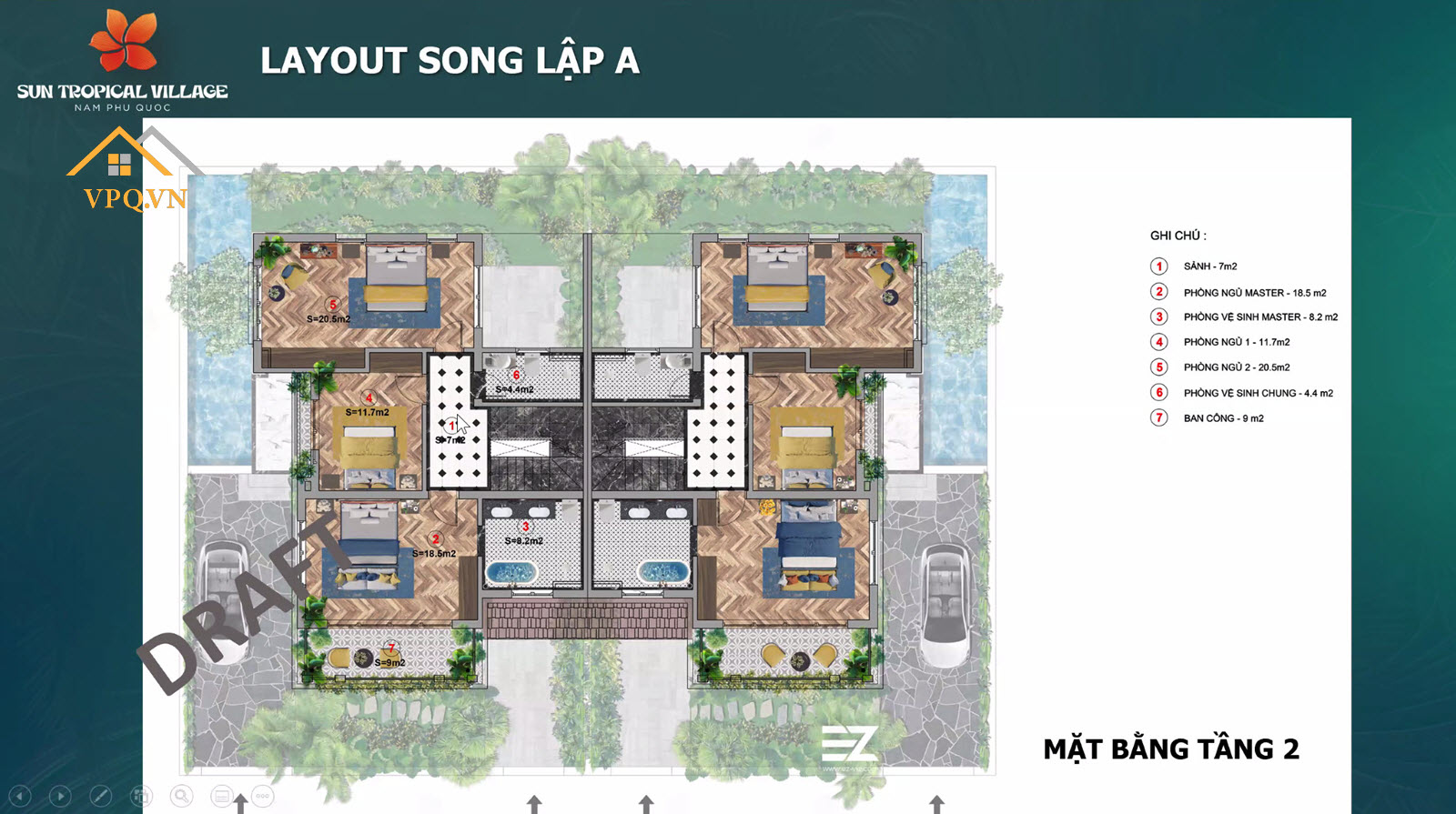 Layout tầng 2 biệt thự làng nhiệt đới Sun Tropical Village - Song lập A