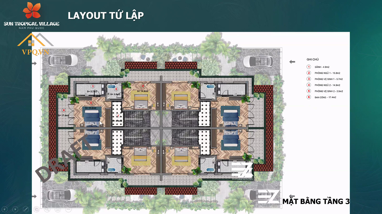 Layout tầng 3 biệt thự làng nhiệt đới Sun Tropical Village - Tứ lập