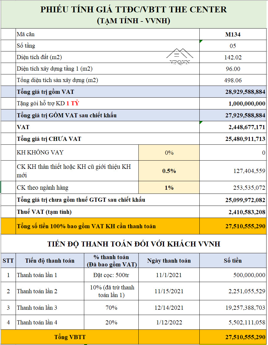 Phiếu tính giá căn M134 khách hàng vay vốn ngân hàng
