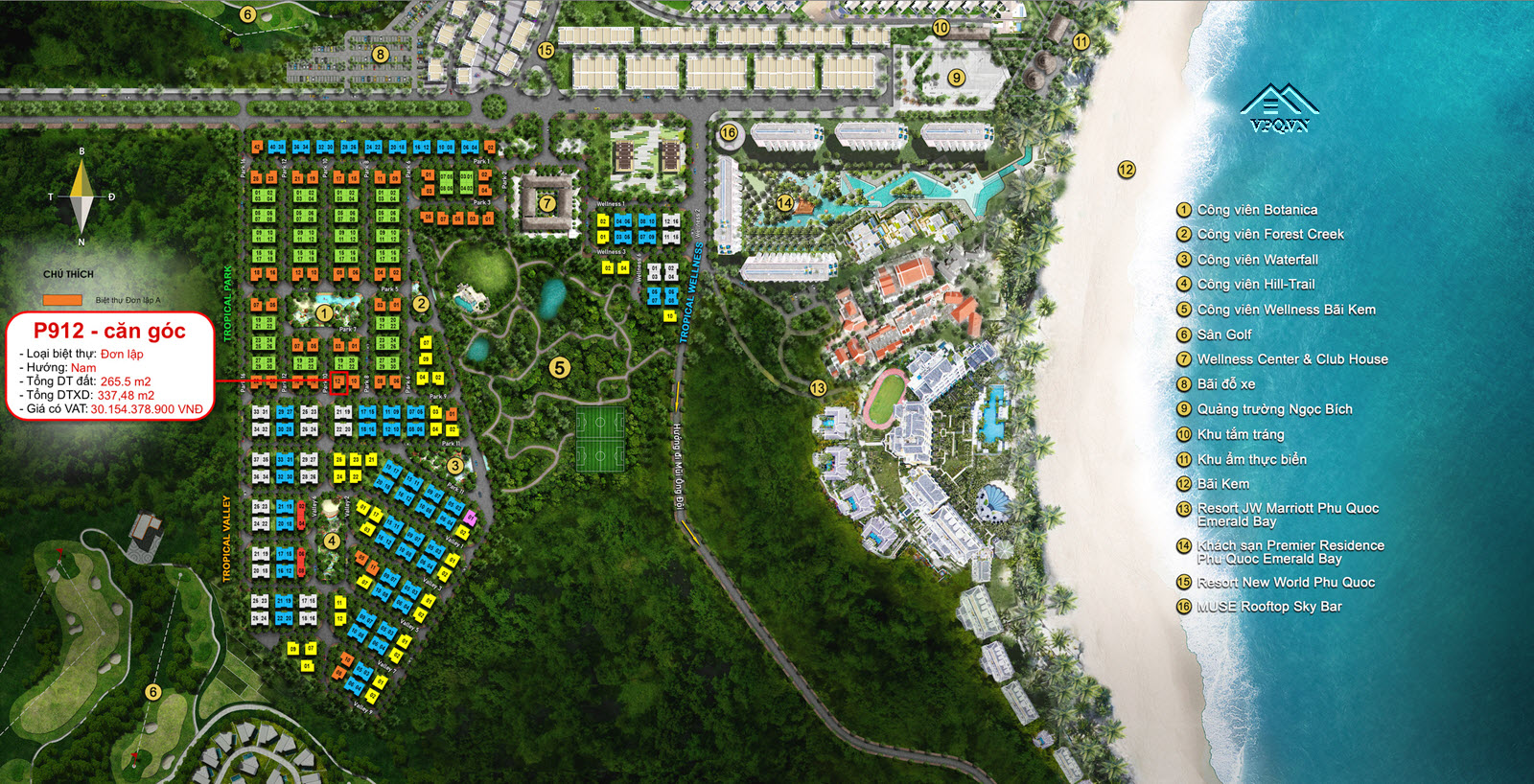 Vị trí biệt thự P912 trên mặt bằng tổng thể Sun Tropical Village