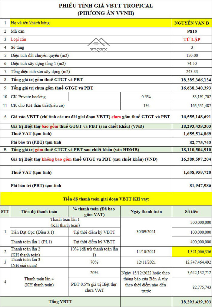 Phiếu t&iacute;nh gi&aacute; biệt thự tứ lập P815 vay vốn ng&acirc;n h&agrave;ng