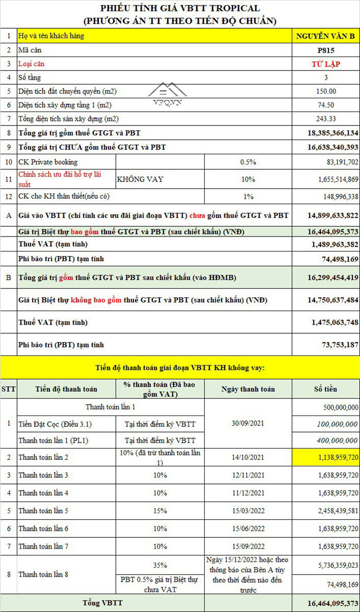 Phiếu t&iacute;nh gi&aacute; biệt thự tứ lập P815 thanh to&aacute;n theo tiến độ