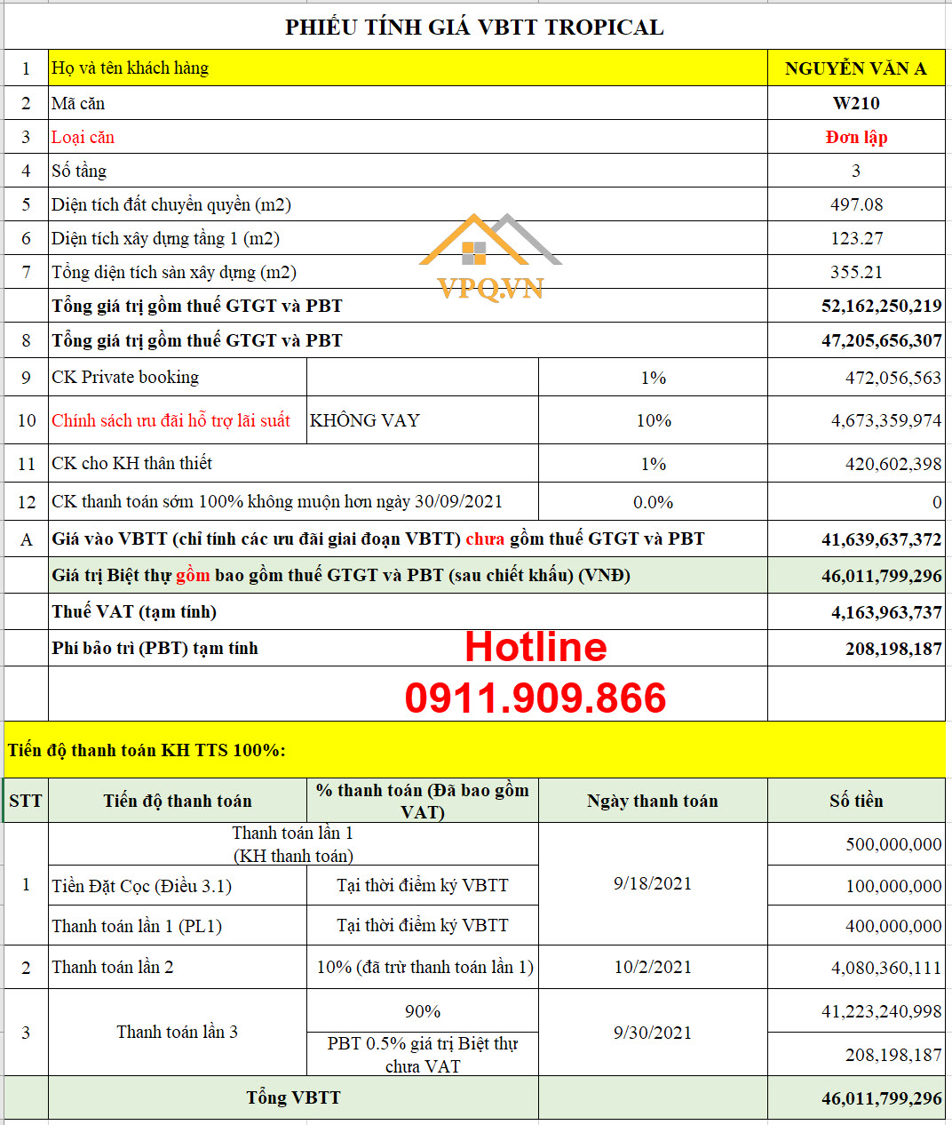 Phiếu tính giá VBTT W210 Sun Tropical Village - Thanh toán sớm 100%