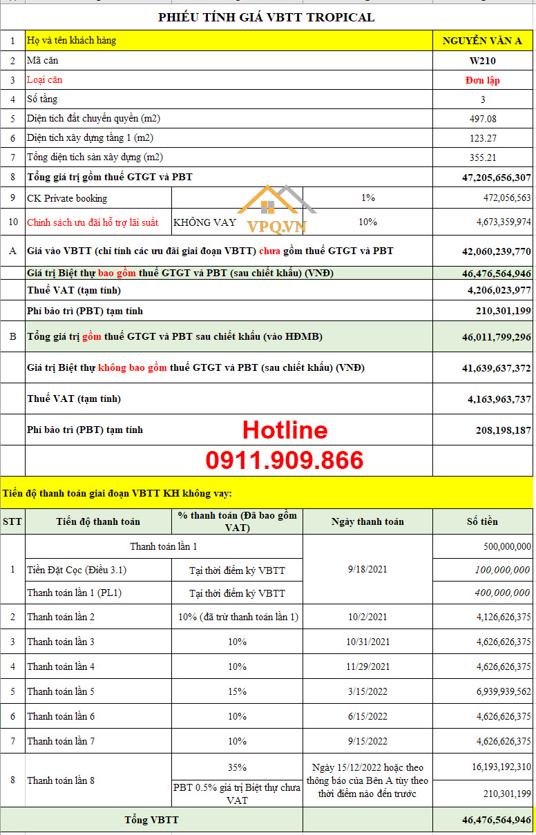 Phiếu tính giá VBTT W210 Sun Tropical Village - Thanh toán theo tiến độ chuẩn