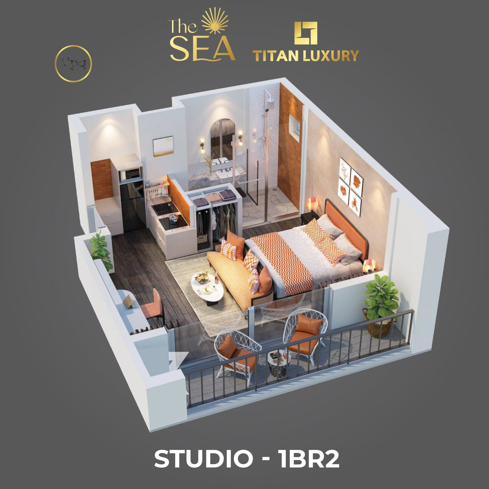 Căn hộ Studio The Sea gam màu ấm nóng
