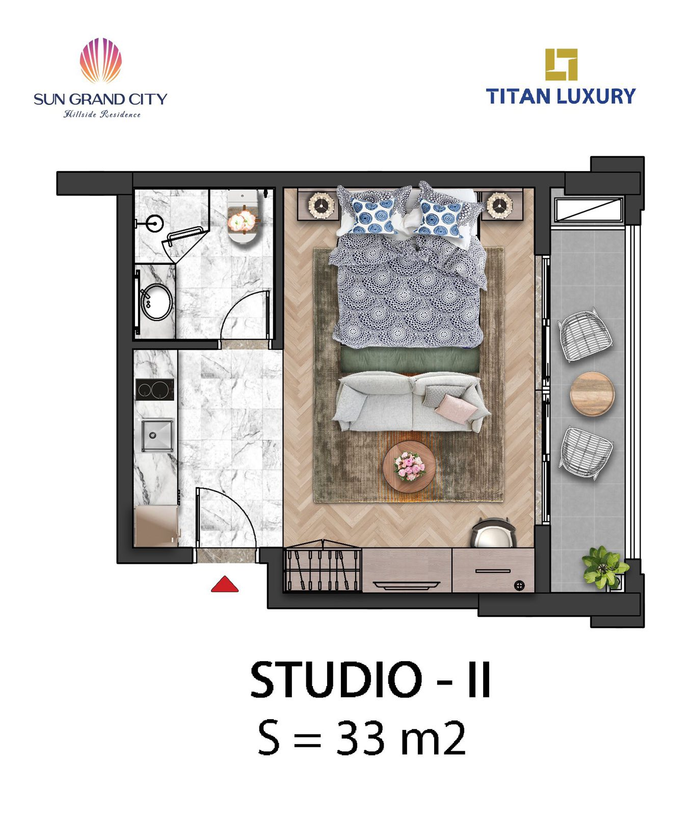 Layout căn hộ Studio - Sun Grand City Hillside Residence