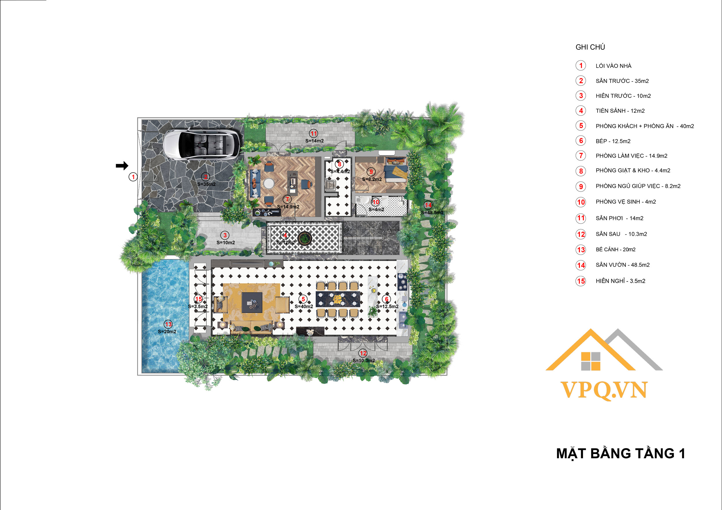 Layout tầng 1 biệt thự đơn lập A - Sun Tropical Village
