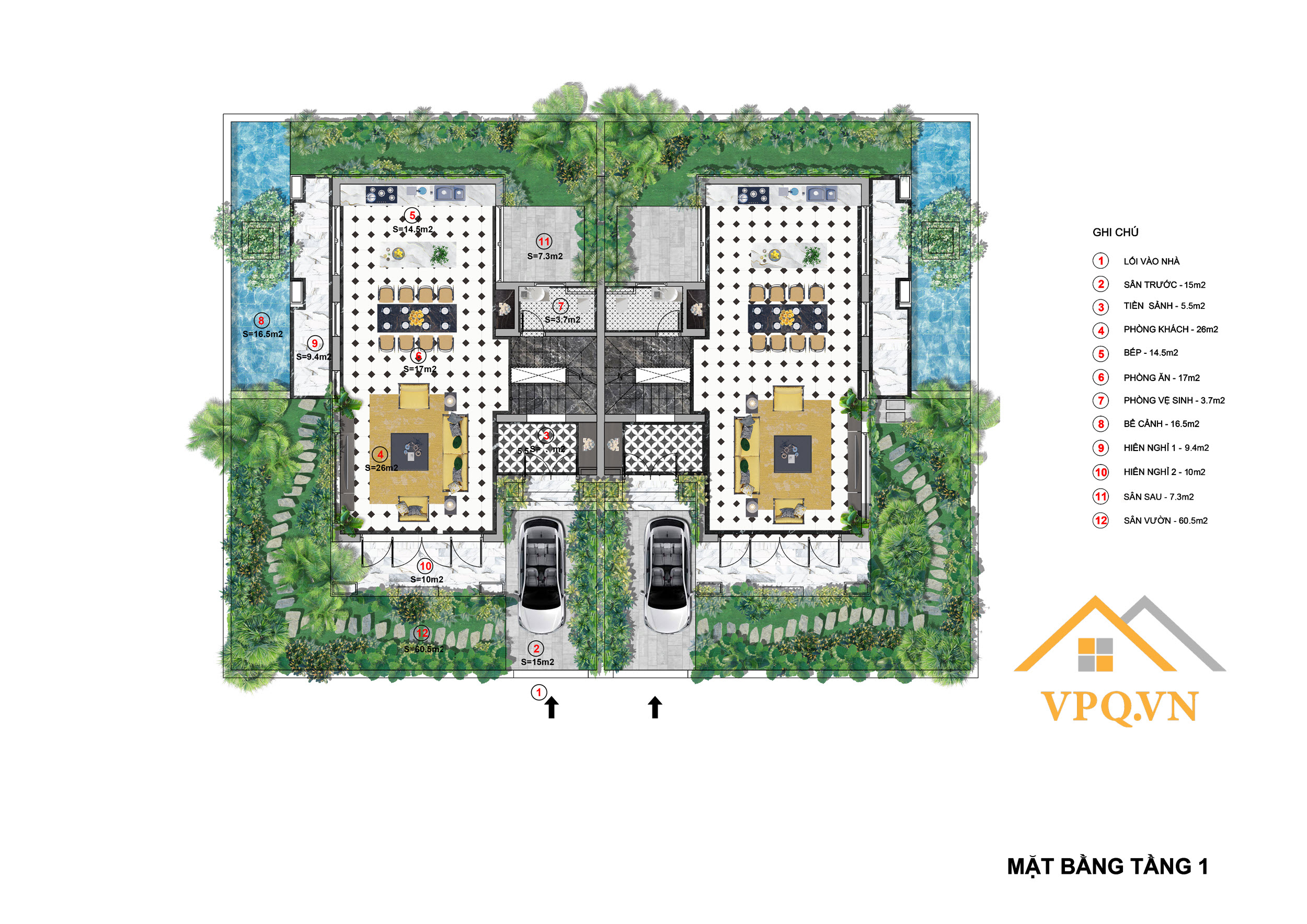 Layout tầng 1 biệt thự song lập B - Sun Tropical Village