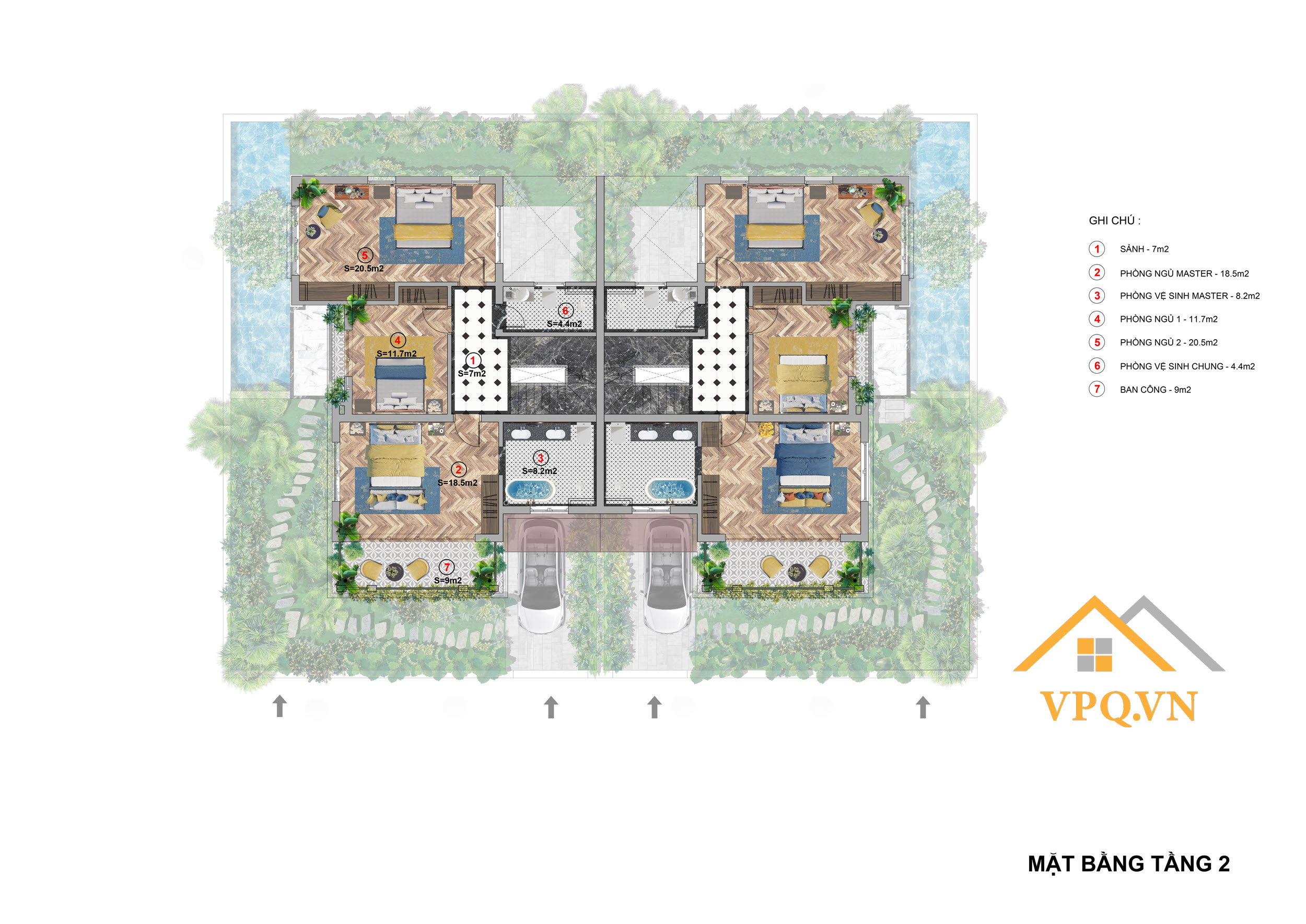 Layout tầng 2 biệt thự song lập B - Sun Tropical Village