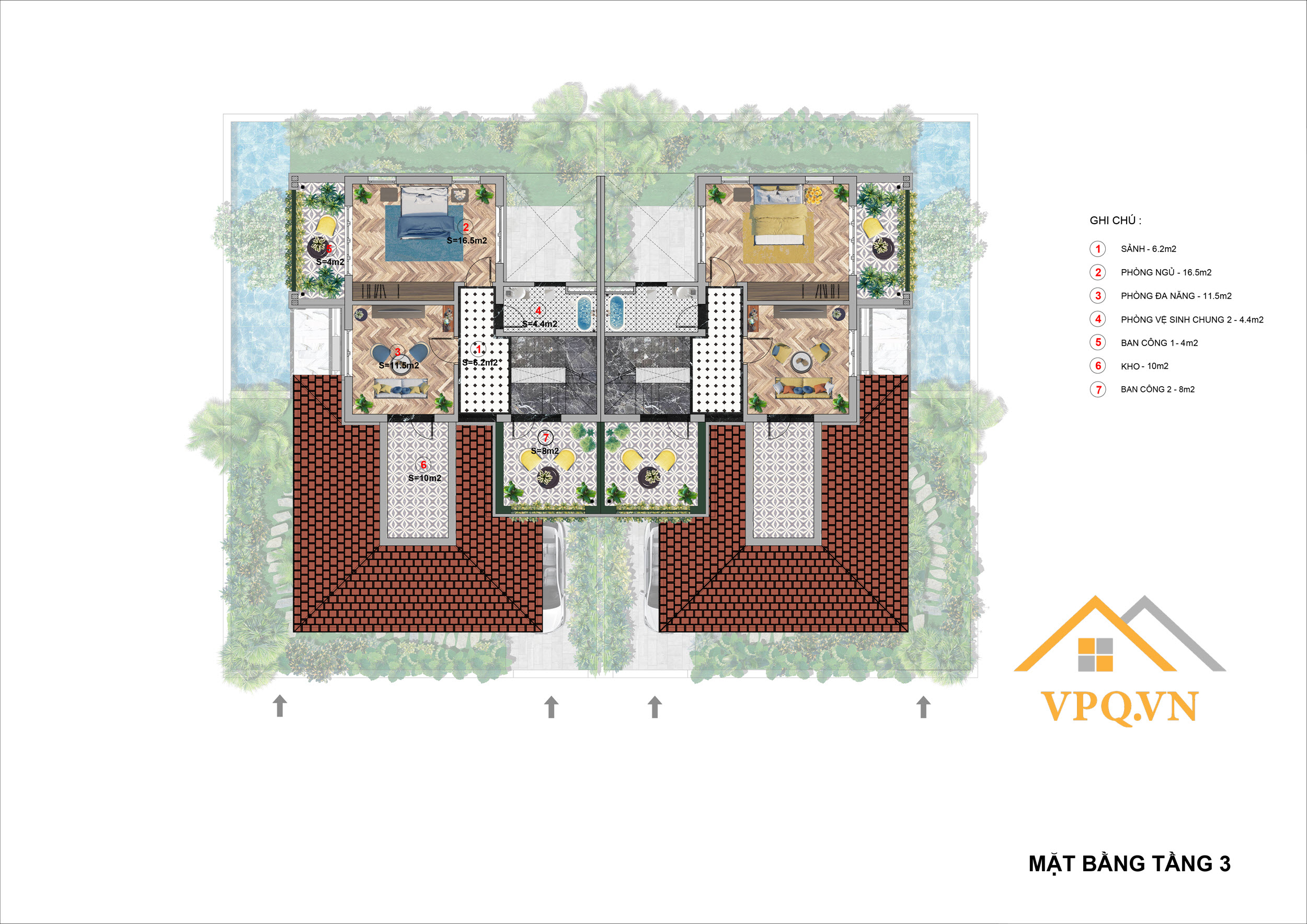 Layout tầng 3 biệt thự song lập B - Sun Tropical Village