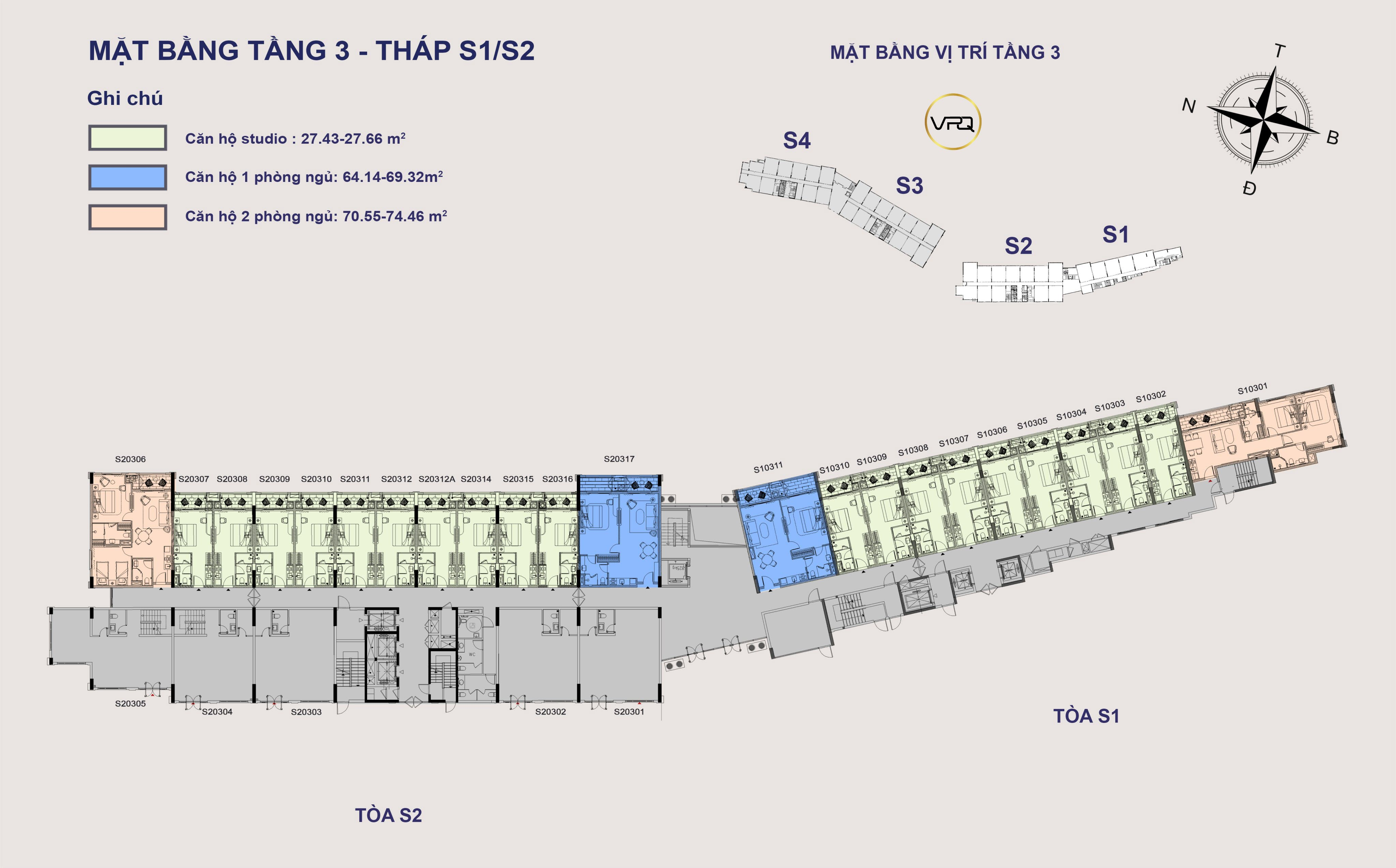 Layout mặt bằng tầng 3 The Sea Hillside tháp S1/S2