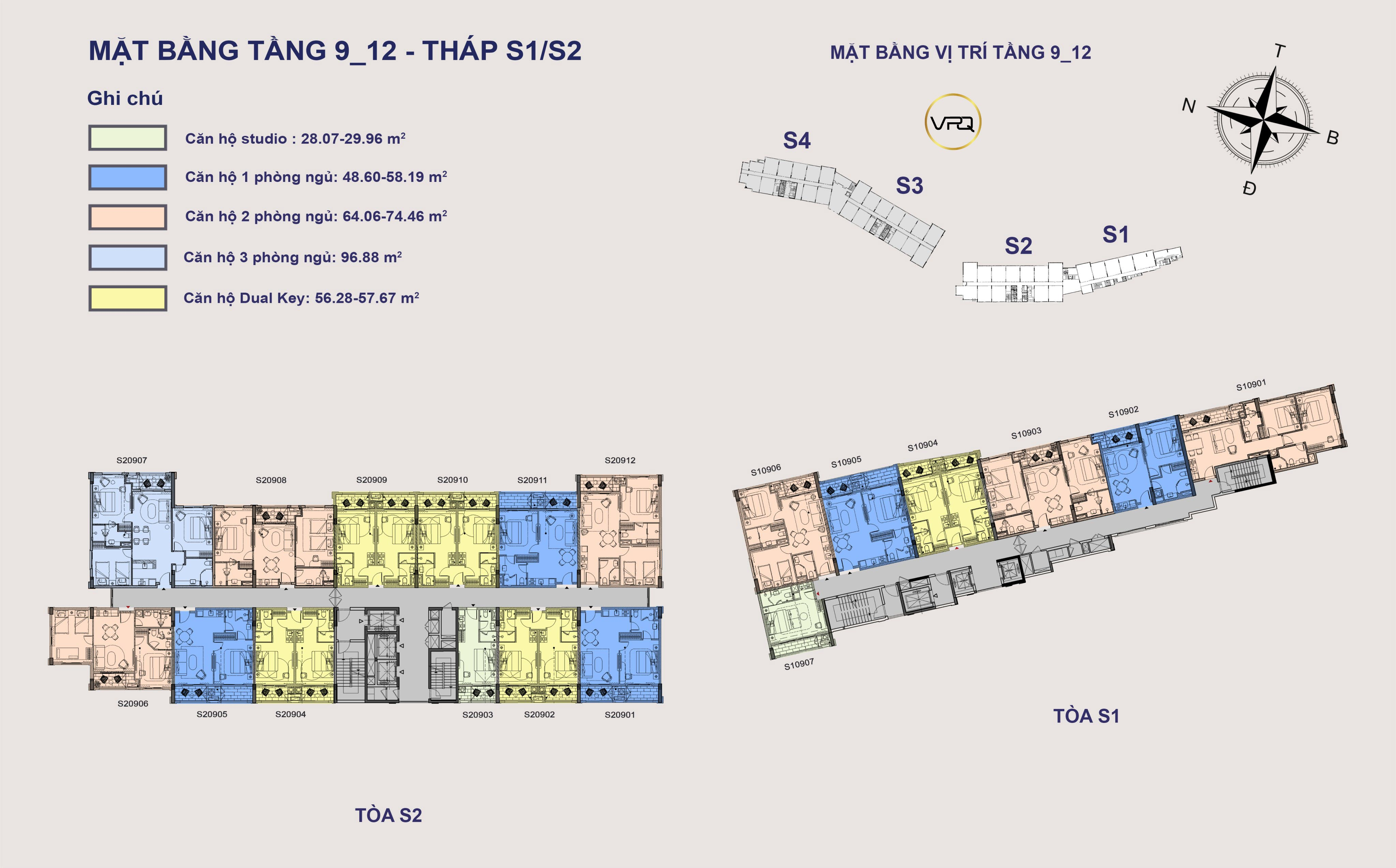 Layout mặt bằng tầng 9 - 12 The Sea Hillside tháp S1/S2