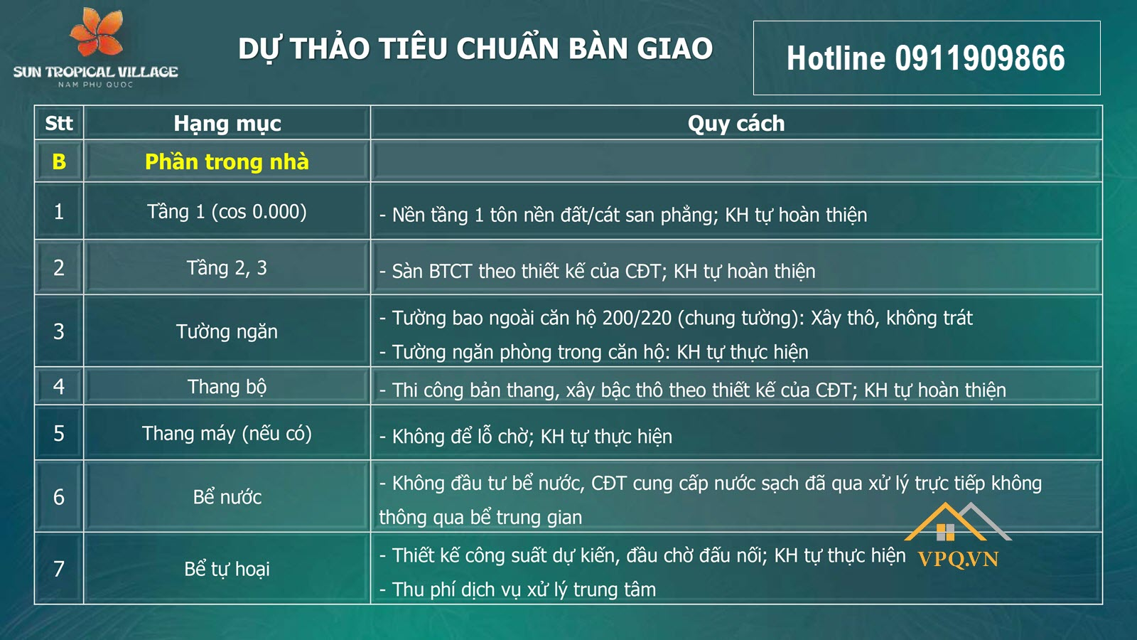 Tiêu chuẩn bàn giao biệt thự Sun Troipcal Village phần trong nhà