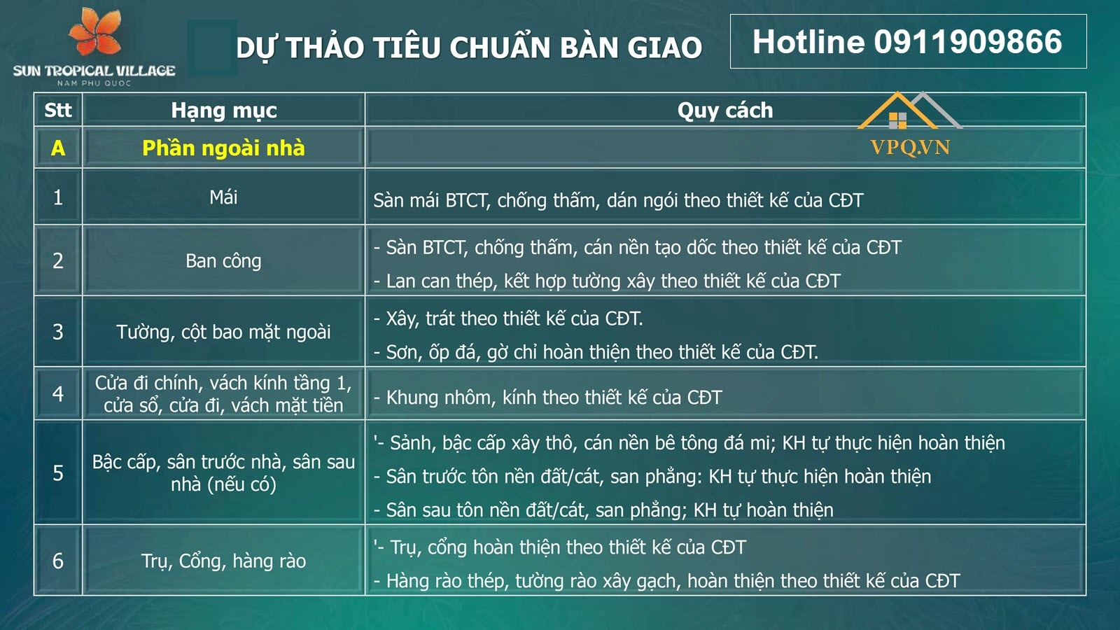 Tiêu chuẩn bàn giao hoàn thiện mặt ngoài biệt thự Sun Troipcal Village