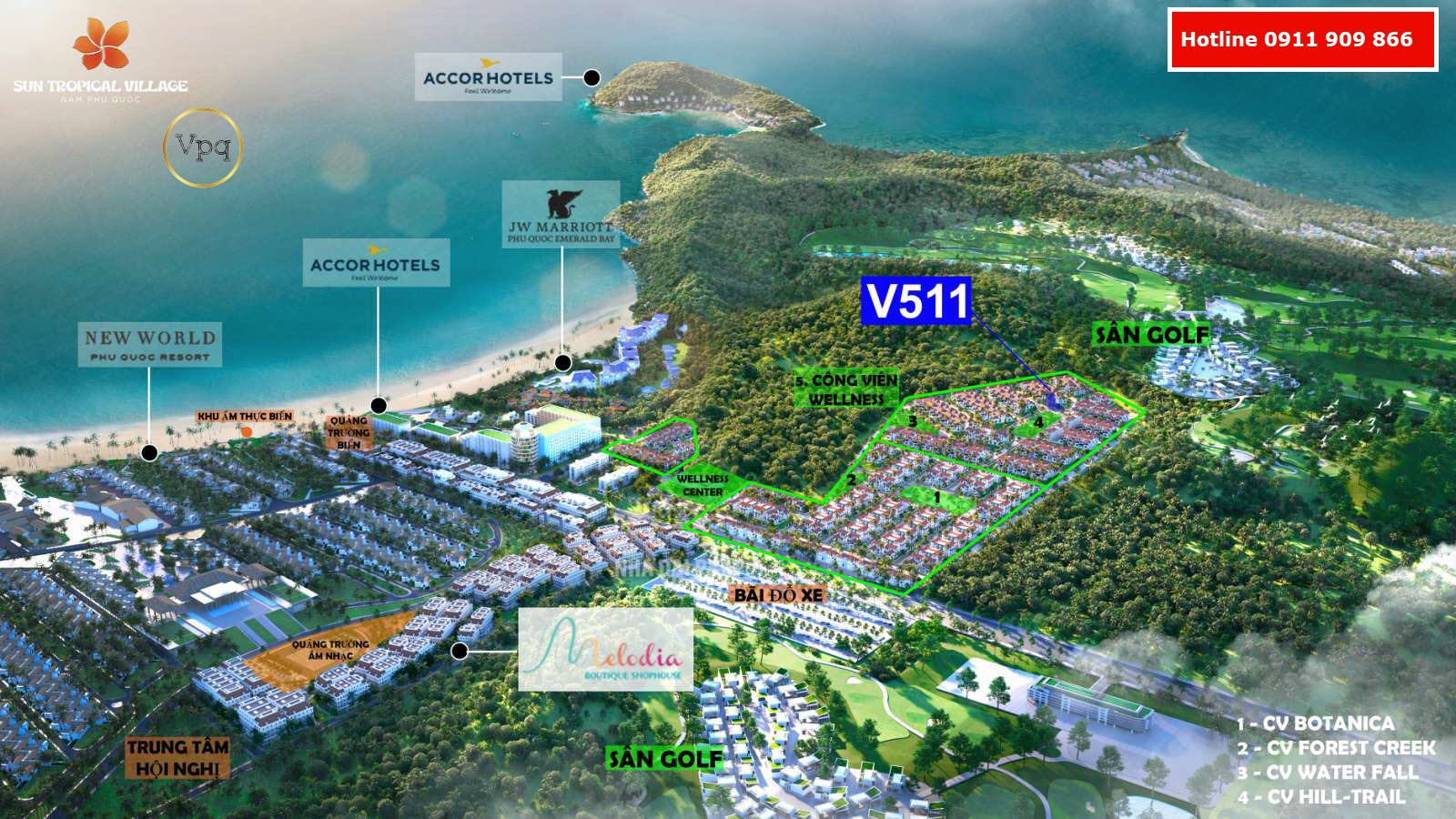 V511 vườn xung quanh, công viên trực diện, biển liền kề và nằm trong thung lũng là vùng khí hậu trong lành, mát mẻ quanh năm